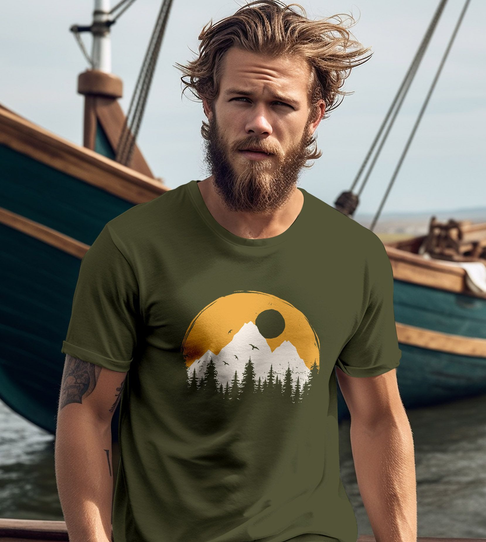 Neverless Print-Shirt Herren T-Shirt Outdoor Print Natural Badge Logo Wandern Fashion mit Print