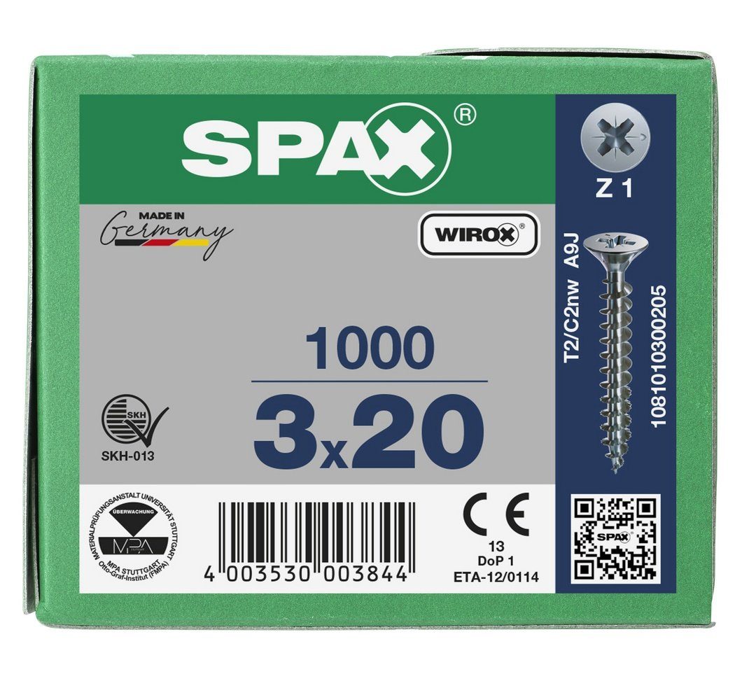 SPAX Spanplattenschraube Universalschraube, 1000 mm 3x20 (Stahl St), verzinkt, weiß