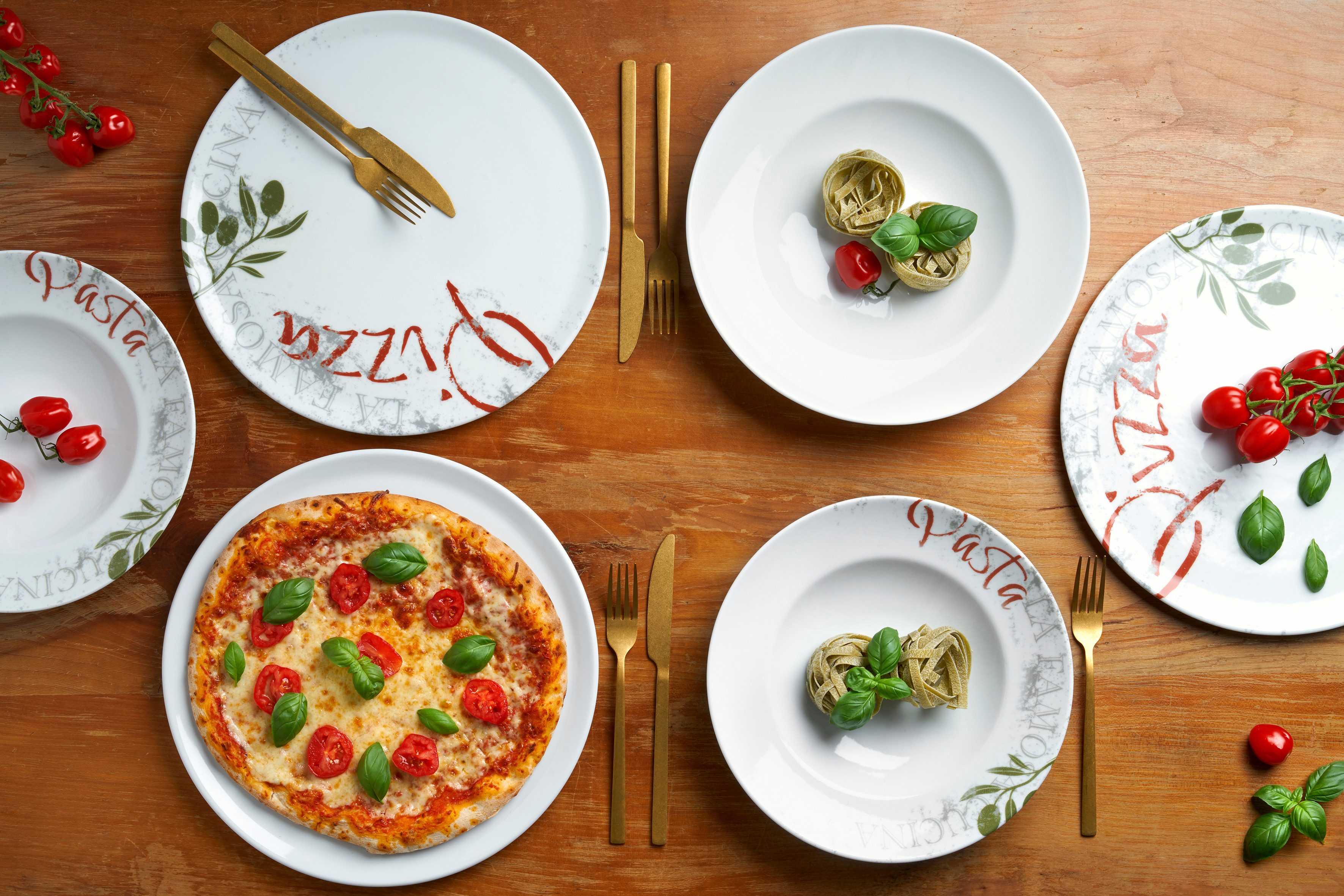 van Well Pizzateller Teller Set Famosa, mit PIZZA Schriftzug, 6er Set, Ø 33 cm, (6 St), Service, Geschirr-Set für 6 Personen