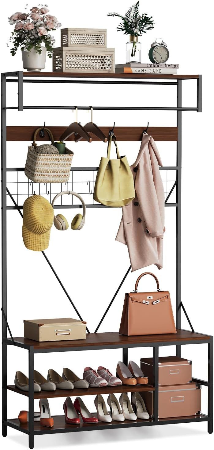 GarveeMore Garderobenständer mit Sitzbank und Schuhablage,5-in-1-Schuhbank mit Kleiderstange, 184cm Kleider- und Schuhablage mit Kleiderstange und 9 Haken, für Flur