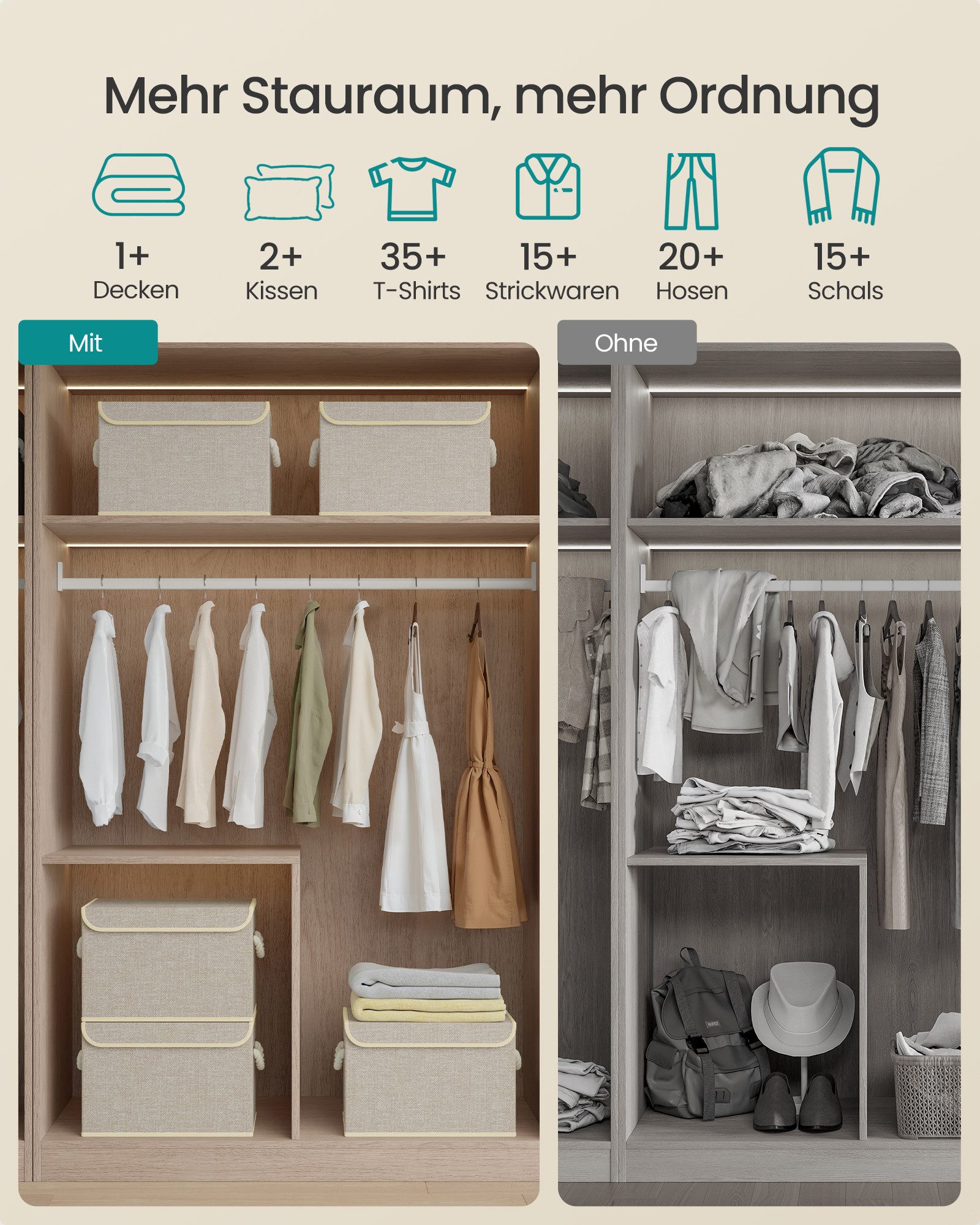SONGMICS Aufbewahrungsbox 3er Set Stoffboxen klappbar, 38 x 25 x 25 cm, für Schlafzimmer, Wohnzimmer, mit Deckel, Griffe – Bild 3 von 5