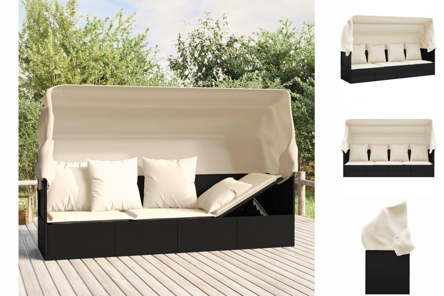 vidaXL Wellnessliege Gartenliege Outdoor-Loungebett mit Dach und Kissen Schwarz Polyrattan