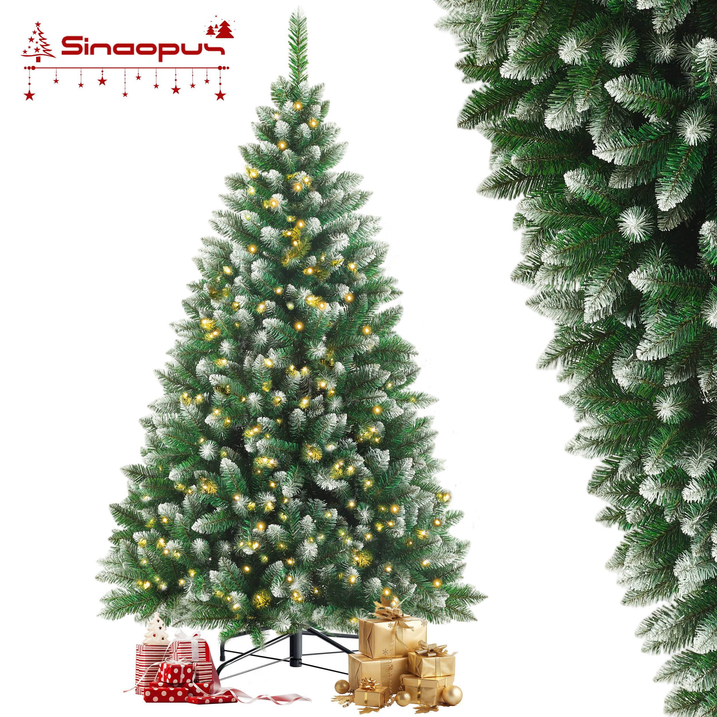 Sinaopus Künstlicher Weihnachtsbaum mit Beleuchtung, Tannenbaum künstlich mit Schnee, PVC, 180/210cm, Tannenbaum künstlich, Christbaum, wiederverwendbar, 900 Spitzen & faltbarem Metallständer & Handschuhe