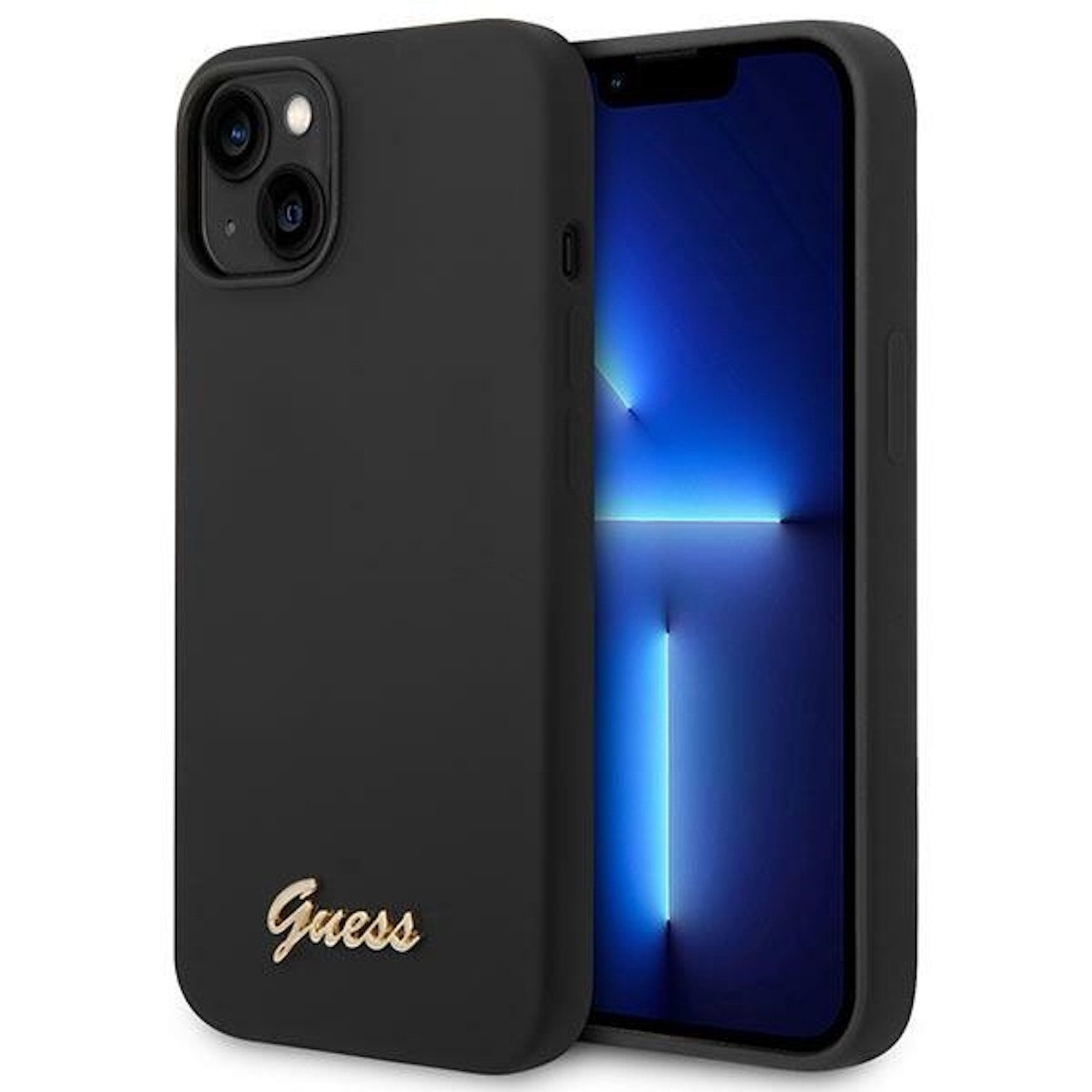 Guess Handyhülle Guess Apple iPhone 14 Hard Case Silicone Vintage Gold Logo Schwarz