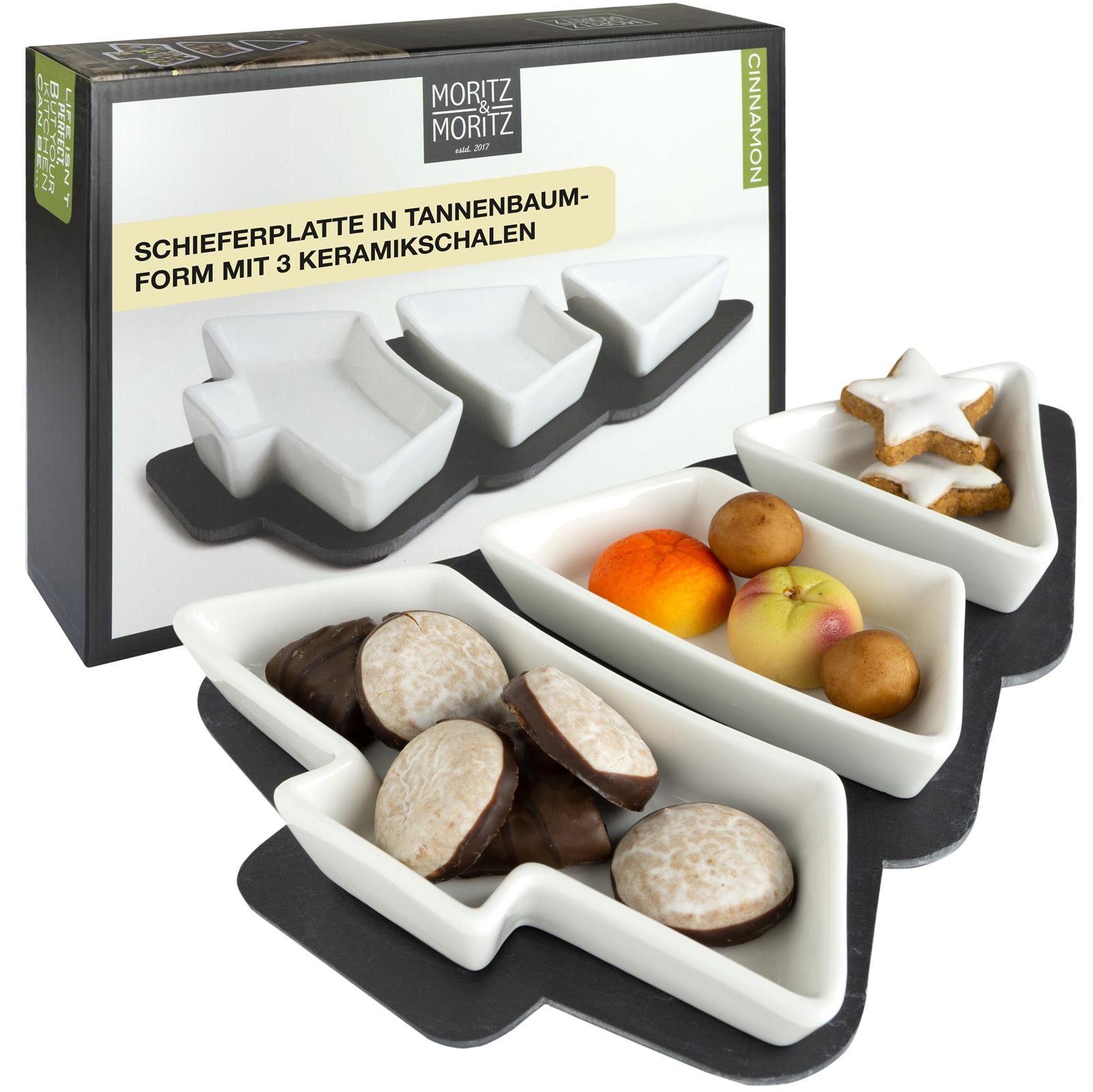 Moritz & Moritz Servierplatte Servierschalen Set Tannenbaum mit Schieferplatte, Porzellan, Schiefer, (Set, 4-tlg., 4- teiliges Set), Weihnachtliches Motiv, Hochwertiges Keramik, Schieferplatte