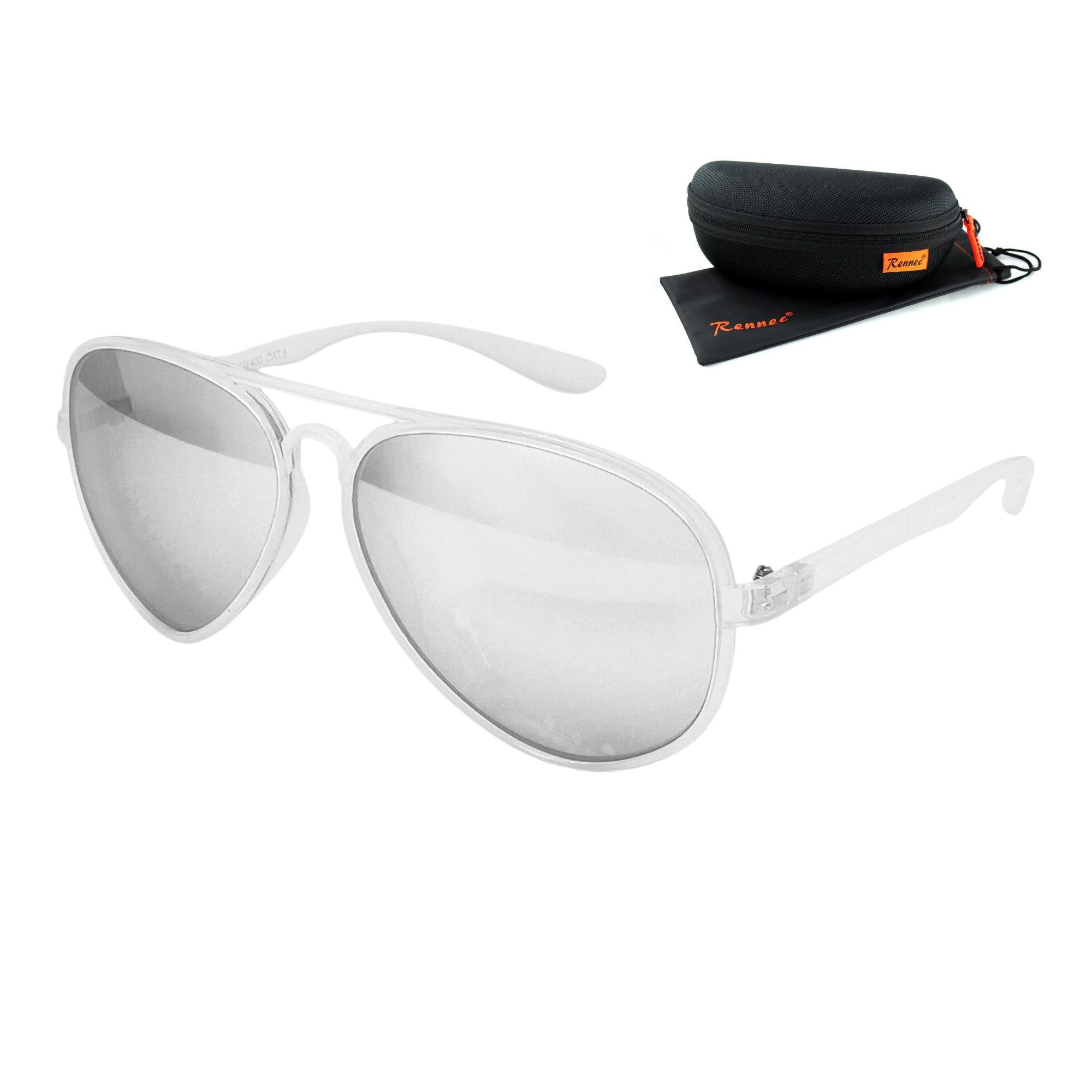 Rennec Sonnenbrille Pilotenbrille Herren Damen aus Kunststoff Leicht und Flexibel Gläser Verspiegelt, Gestell Transparent, inkl. Hardcase