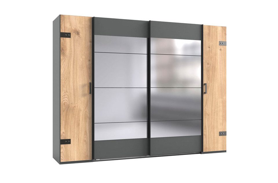 Wimex Dreh-/Schwebetürenschrank Stockholm (Schiebetüren, Drehtüren, Einlegeböden, Kleiderstangen, 1-St., Industrie Design, mit Spiegel, Bügelgriffe und Griffleisten in schwarz) 270x65x210cm Plankeneiche graphit