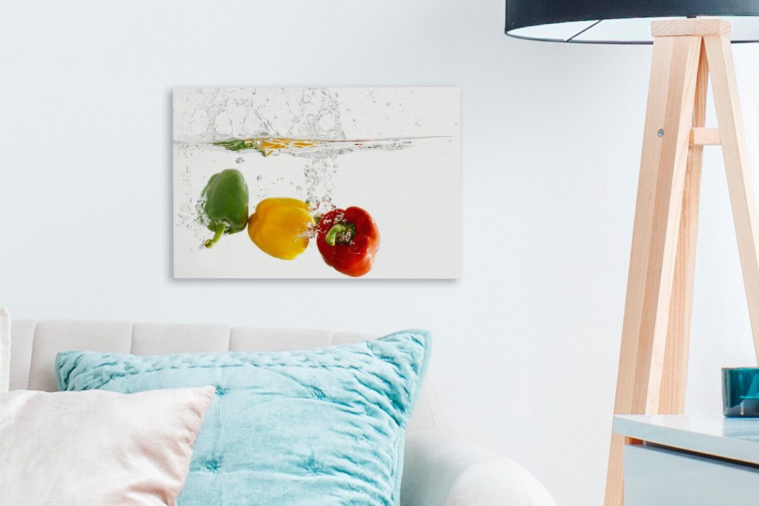 Leinwandbilder, - (1 cm Leinwandbild OneMillionCanvasses® St), Aufhängefertig, - 30x20 Wandbild Paprika Wasser Wanddeko, Gemüse,