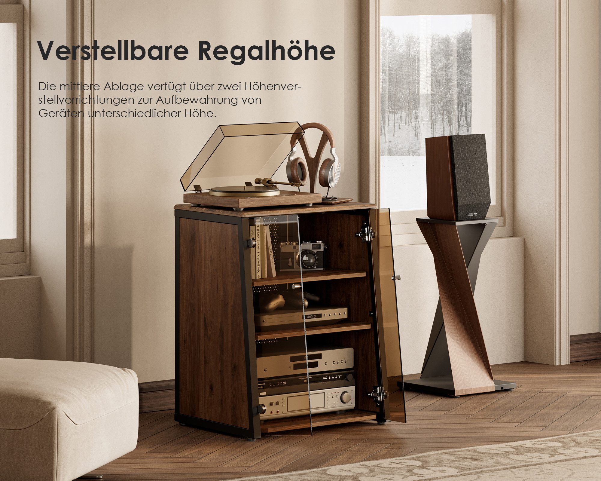 FITUEYES TV-Ständer HIFI-Rack mit verstellbaren Einlegeböden, Glastüren, (mit belüfteter Metall-Rückwand) – Bild 5 von 5