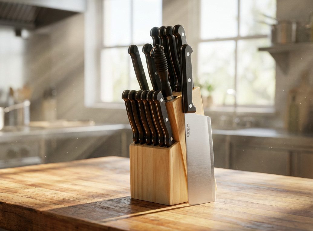 Michelino Messer-Set 15-teiliger Messerblock, 7x Küchen- 6x Steakmesser 1 Wetzstahl 1 Messerblock