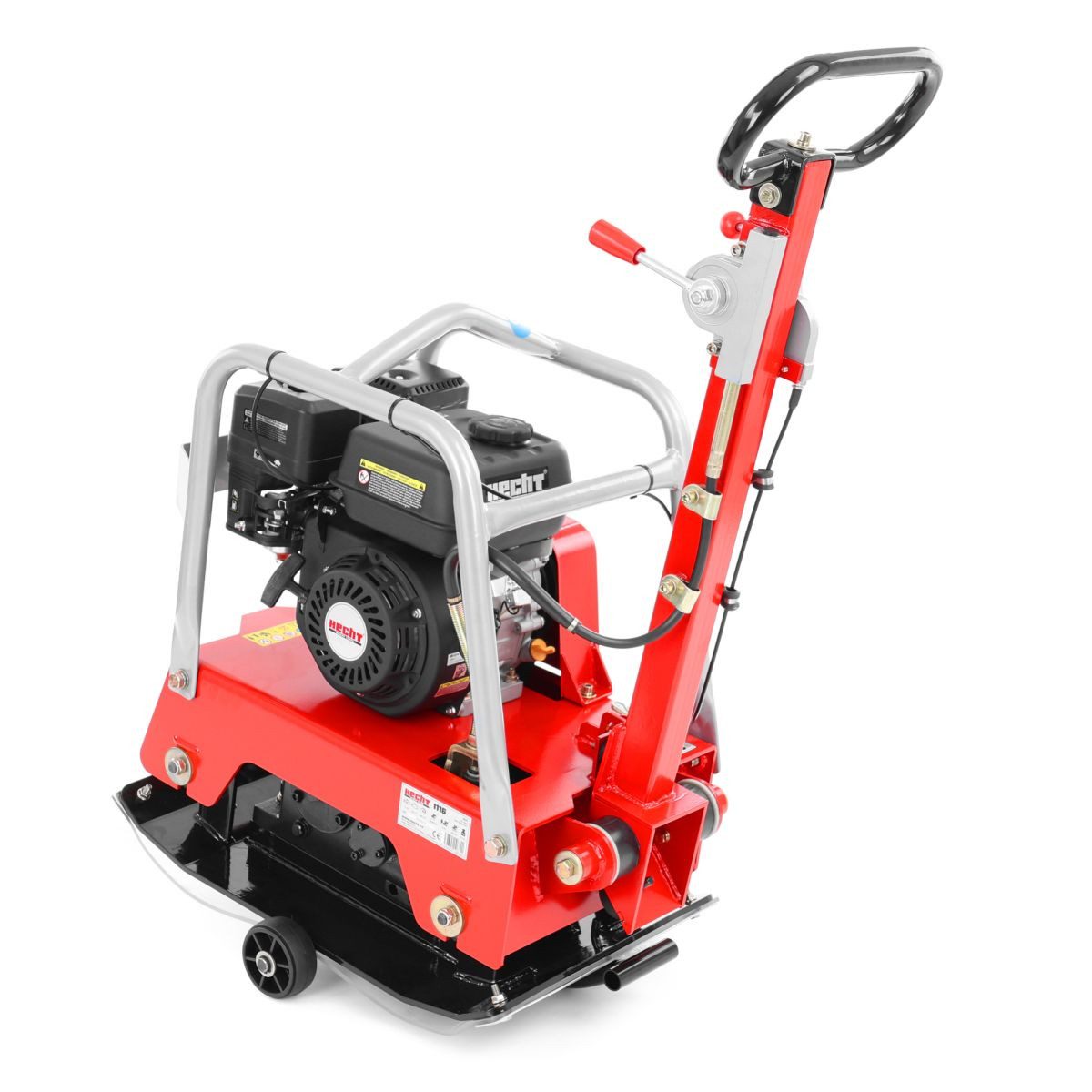 Hecht Rüttelplatte Vibrationsstampfer mit Fahrwerk, 3,7 kW (196 ccm), 25 kN bis 30cm, max. 4300 vpm, (LxB) 40x63 cm, 35 m/min, Gummimatte, Transporträder, 4300 / min