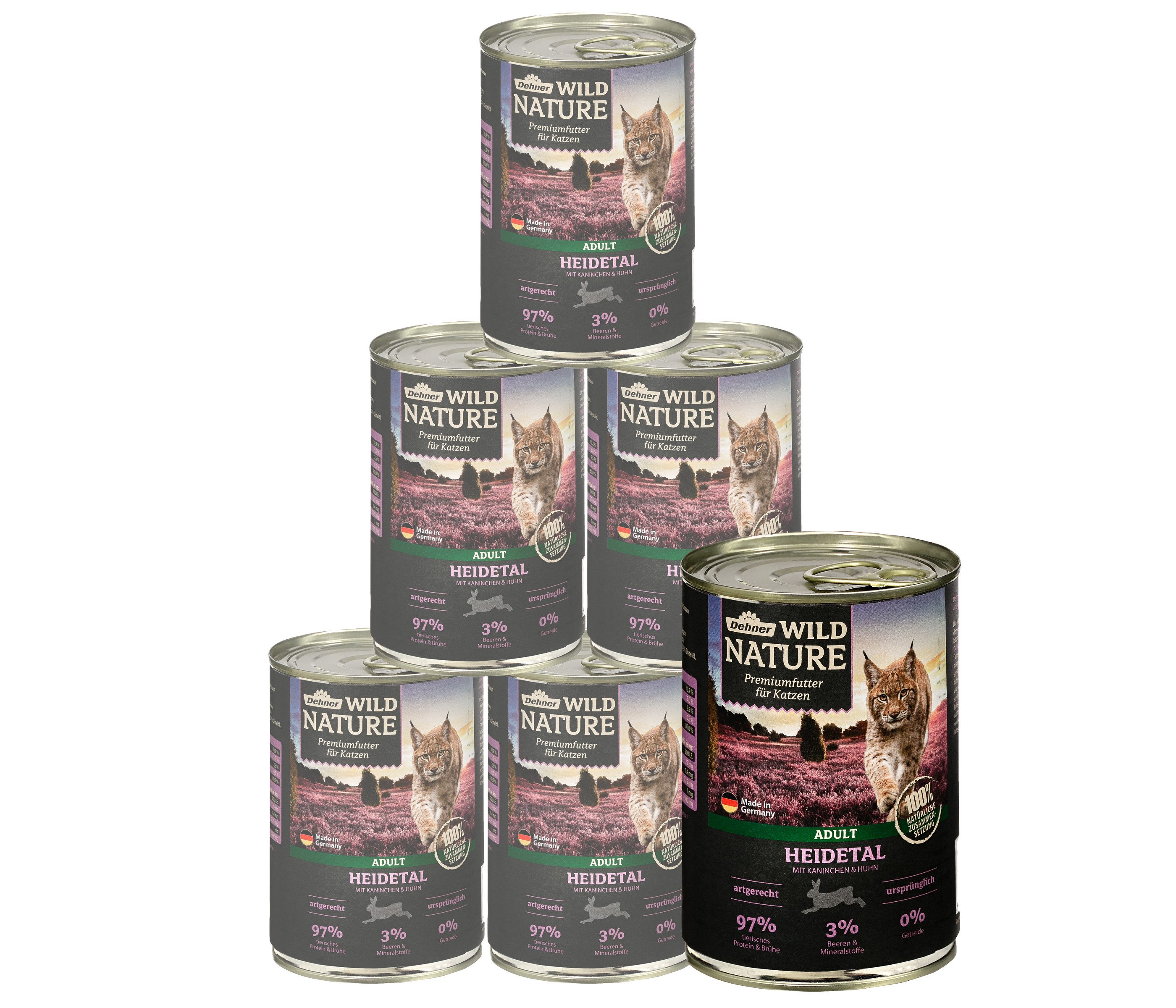 Dehner Wild Nature Heidetal Adult Kaninchen / Huhn, 6 x 400 g Dose Kaninchen, Nassfutter für: Katze, Nassfutter für ausgewachsene Katzen, getreidefrei / zuckerfrei