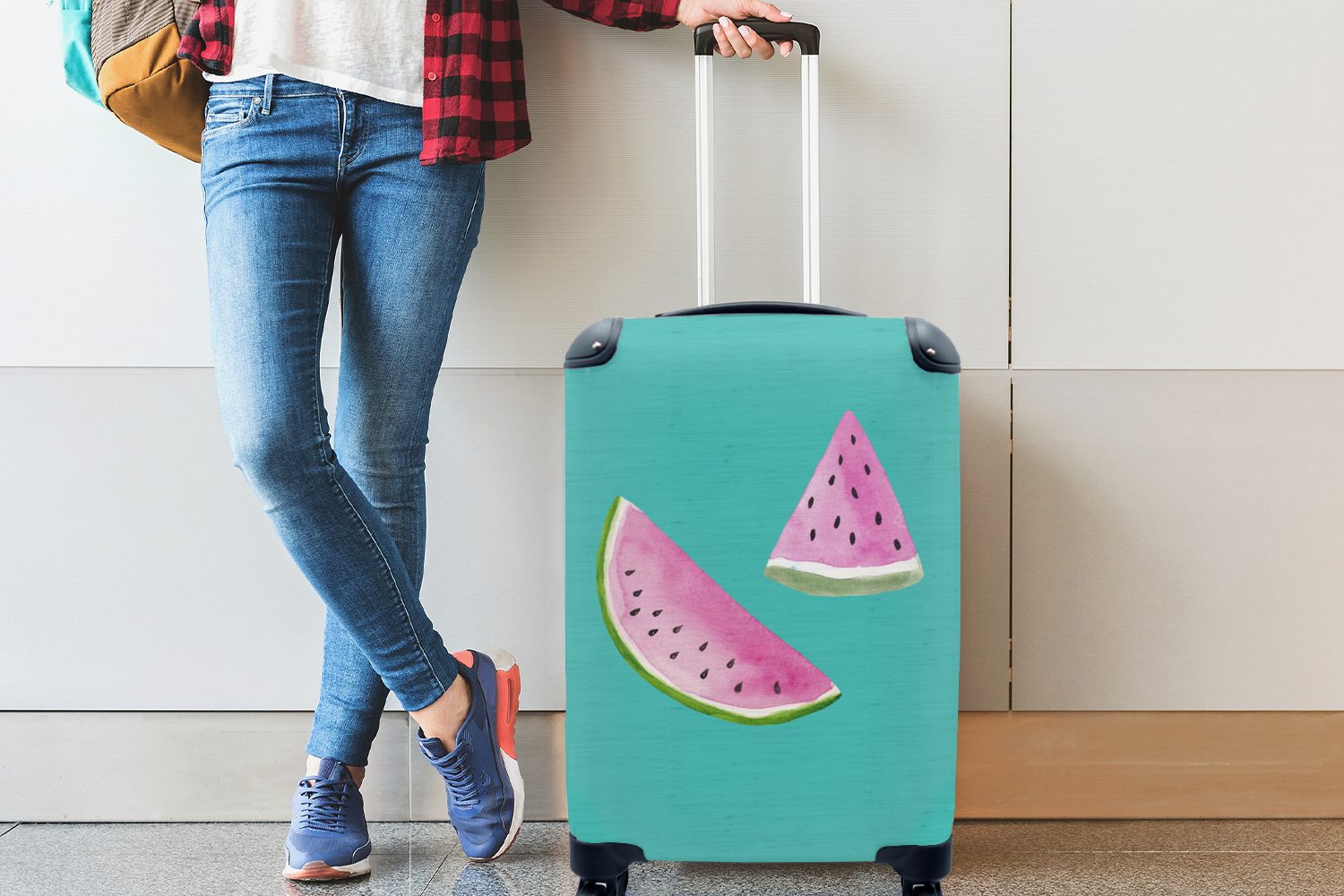 MuchoWow Ferien, Handgepäck Trolley, - - Blau, Wassermelone Aquarell Handgepäckkoffer mit für rollen, Rollen, Reisetasche 4 Reisekoffer