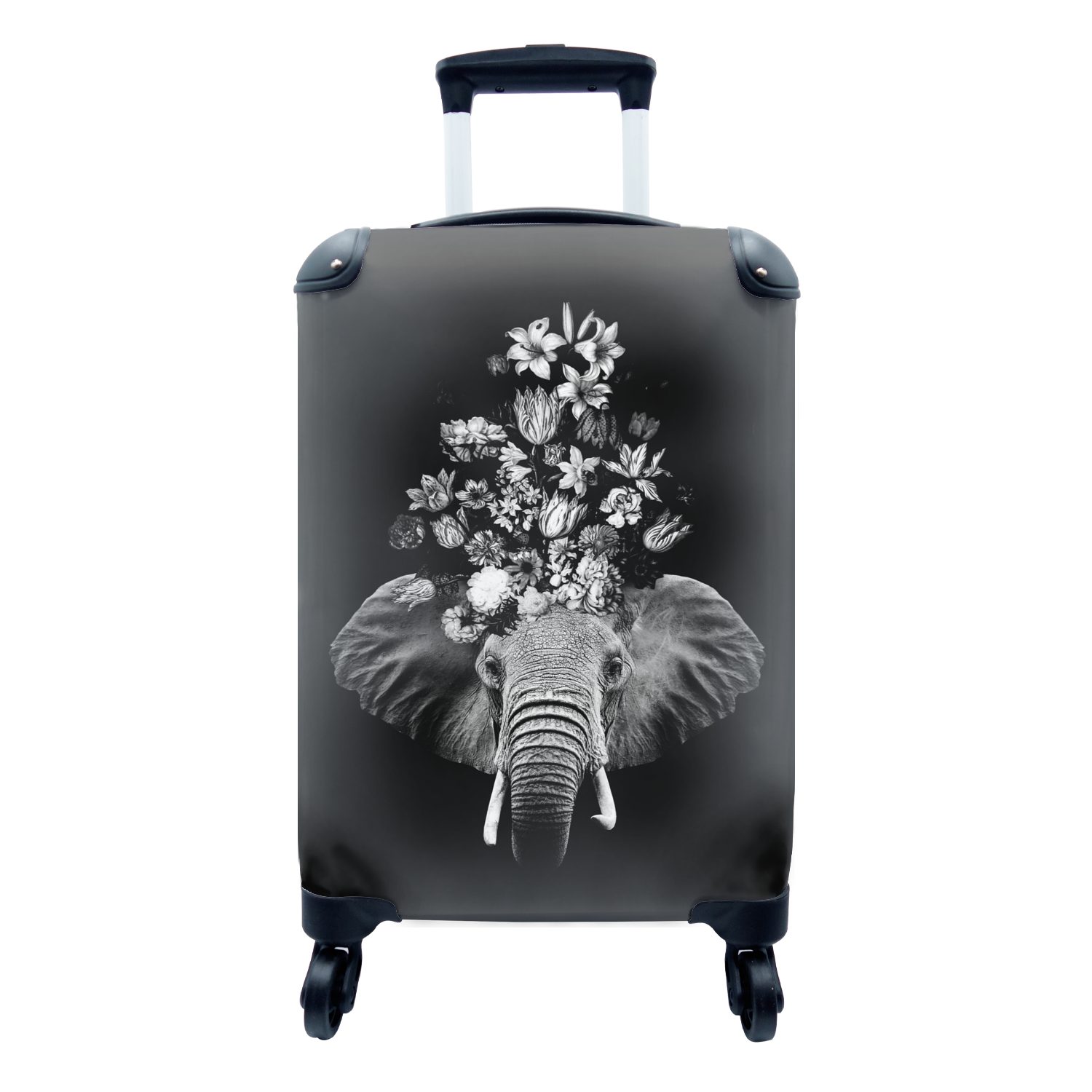 MuchoWow Handgepäckkoffer Elefant mit Blumen vor schwarzem Hintergrund - schwarz und weiß, 4 Rollen, Reisetasche mit rollen, Handgepäck für Ferien, Trolley, Reisekoffer