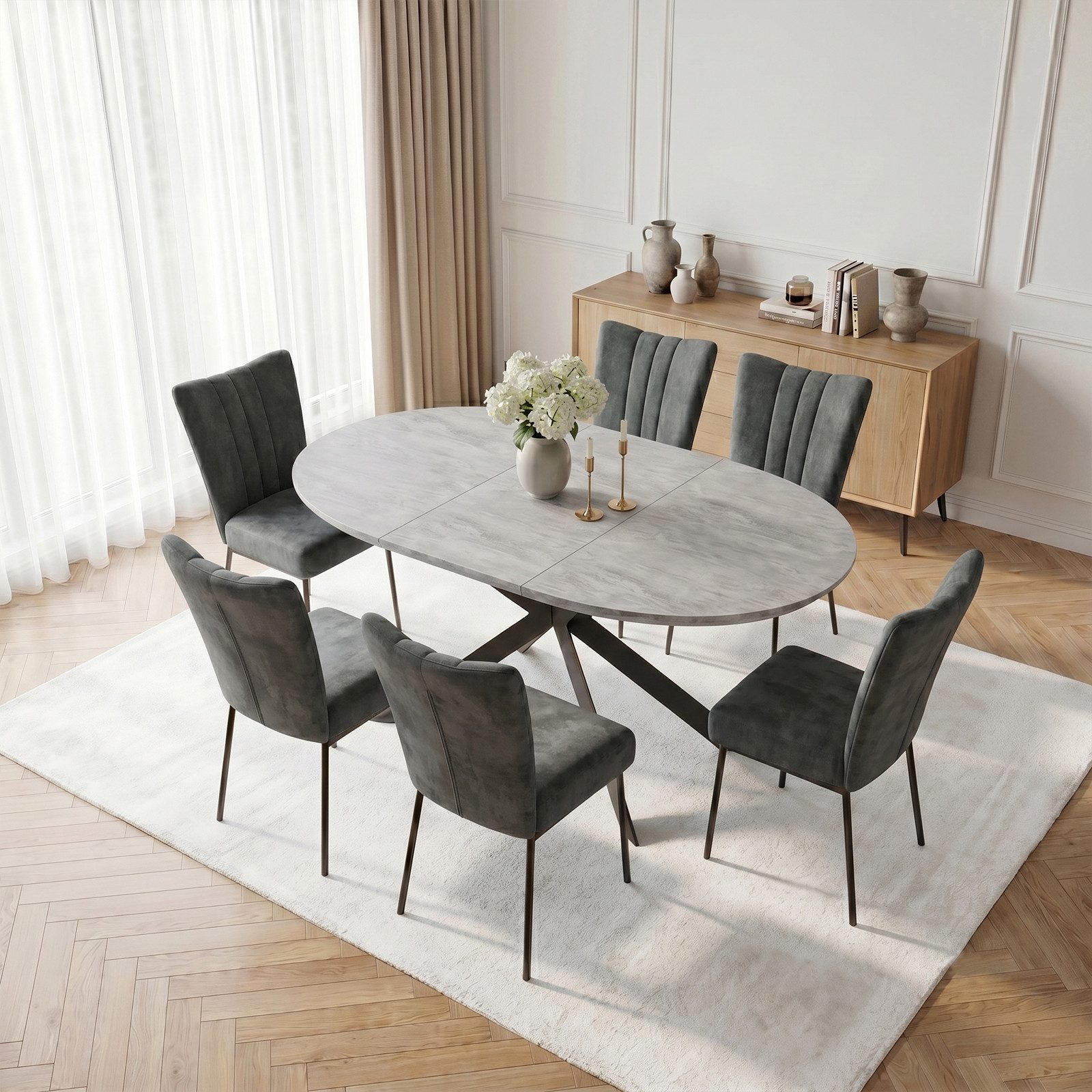 Jiexi Essgruppe Esstisch ausziehbar rund bis oval MDF-Platte mit Samtstühlen