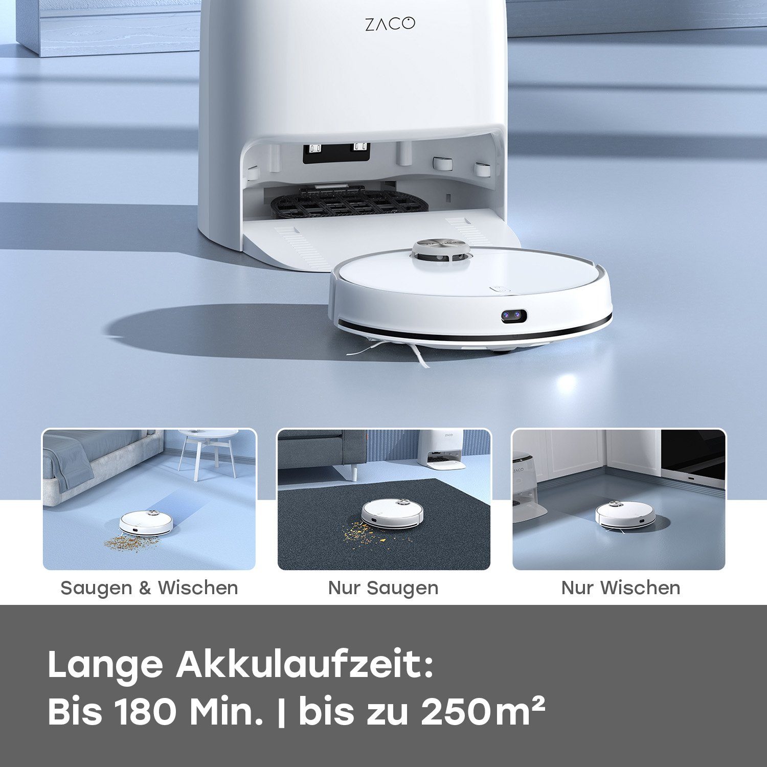 ZACO Nass-Trocken-Saugroboter ZACO M1S, sterilem reinigt 10m² mit das Wasser, 50 App W, Wischtuch Waschstation alle beutellos