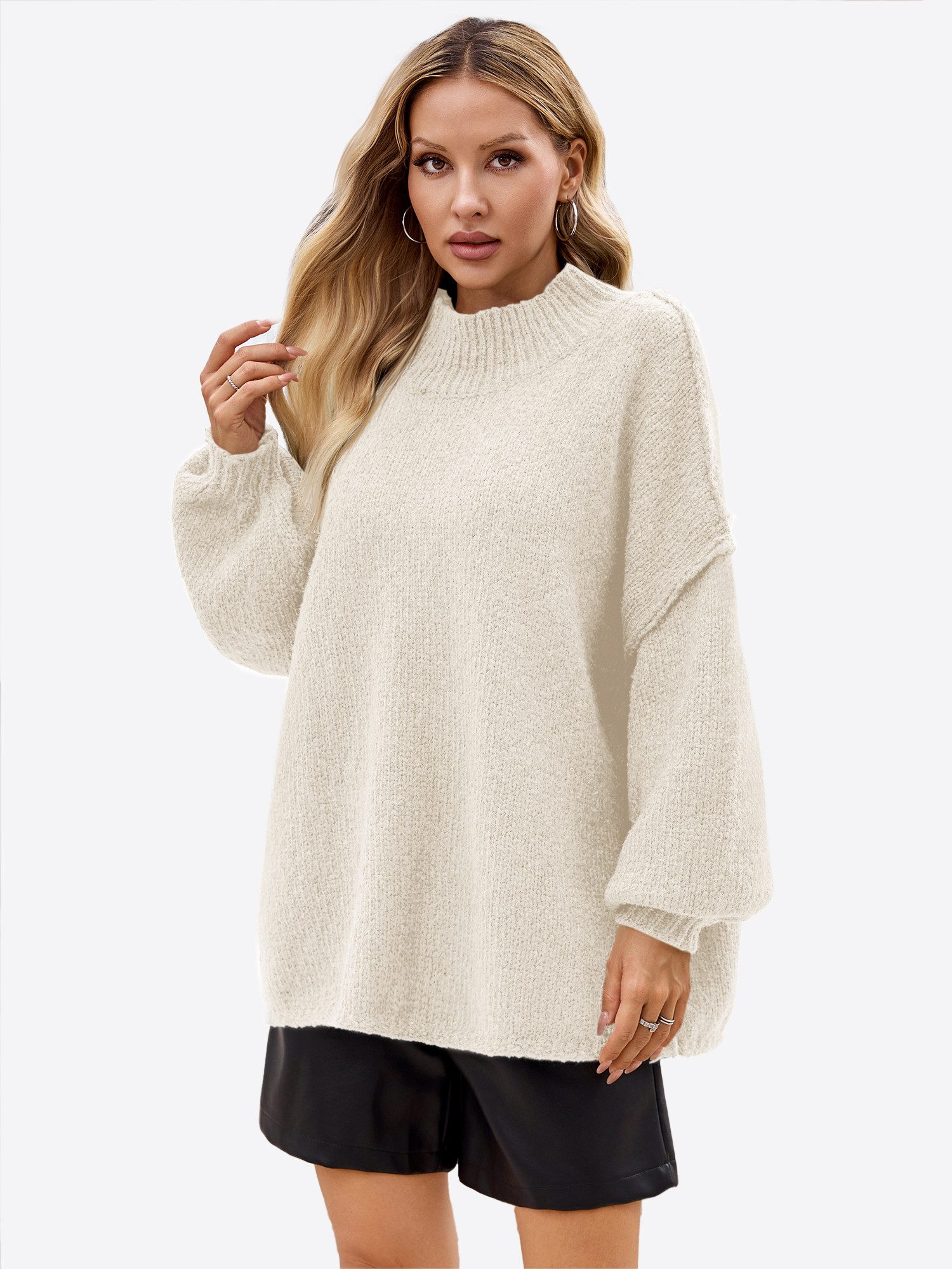 Imily Bela Sweater Damen Oversize Пуловеры aus geripptem Strick mit Stehkragen (Packung, 1-tlg., 1per-Pack) Fledermausärmel