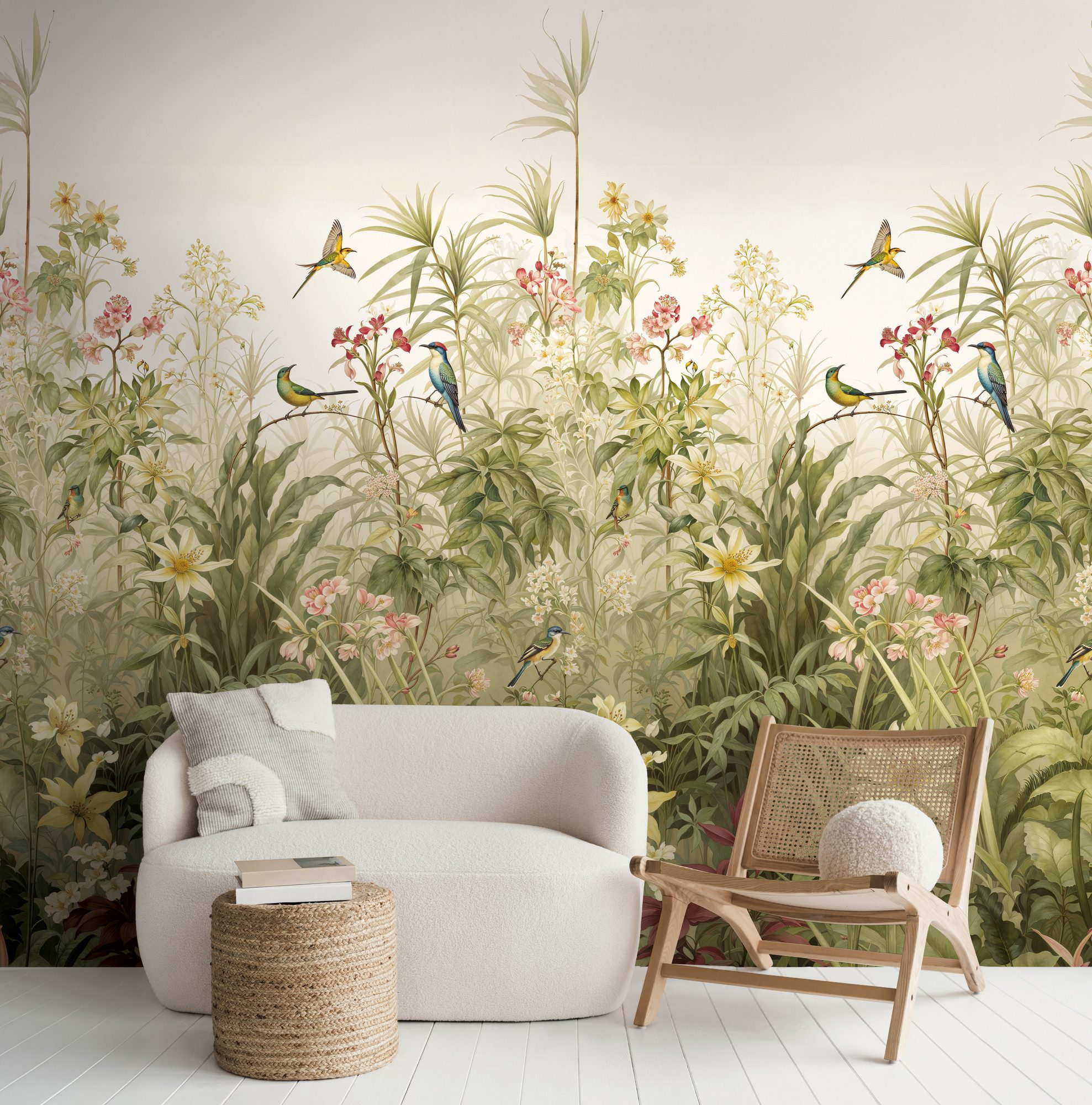 living walls Fototapete The Wall 4 Flowers – Vögel und Wildpflanzen Vlies-Fototapete, leicht strukturiert, floral, matt, botanisch, (1 St), Vögel und Wildpflanzen – natürlicher Tiefenwirkung
