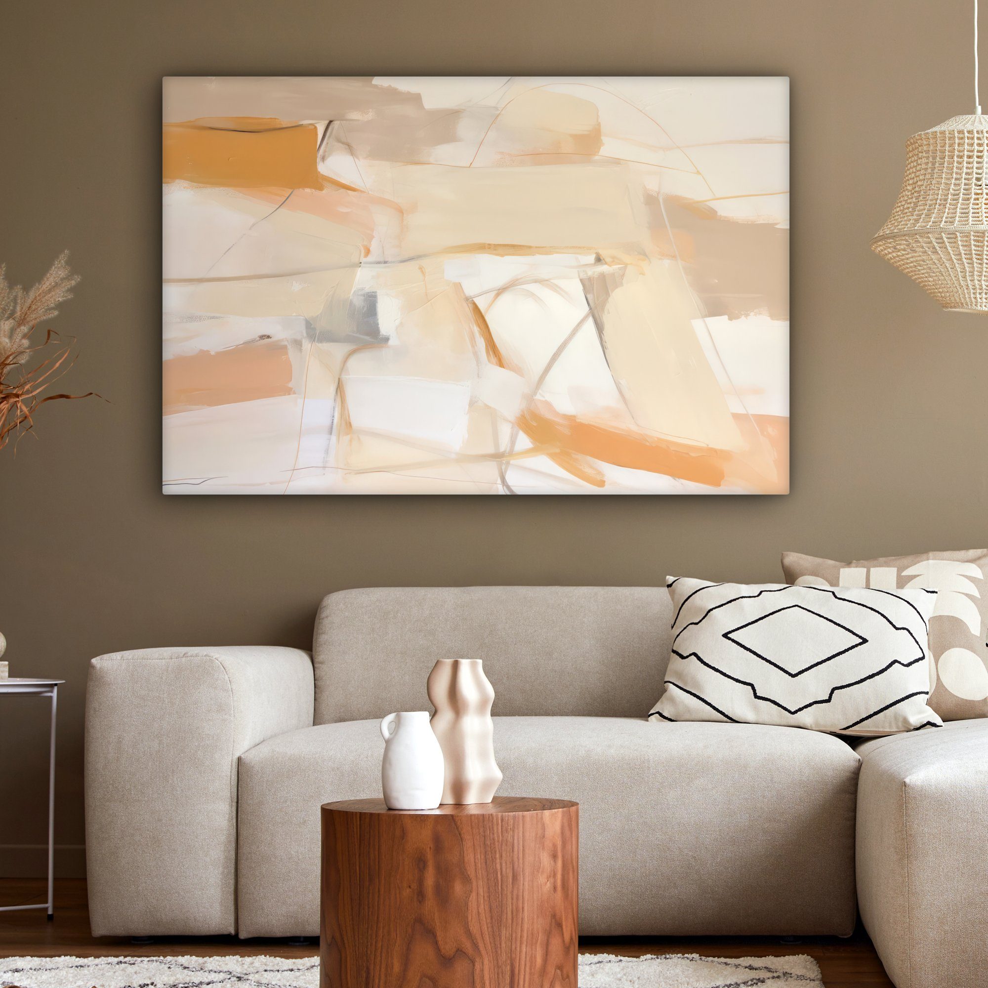 cm alle - - Wohnbereiche, Gemälde, großes, XXL, Abstrakt Leinwandbild - Kunst Modern, OneMillionCanvasses® Wandbild - Orange 120x80 für St), (1 Beige