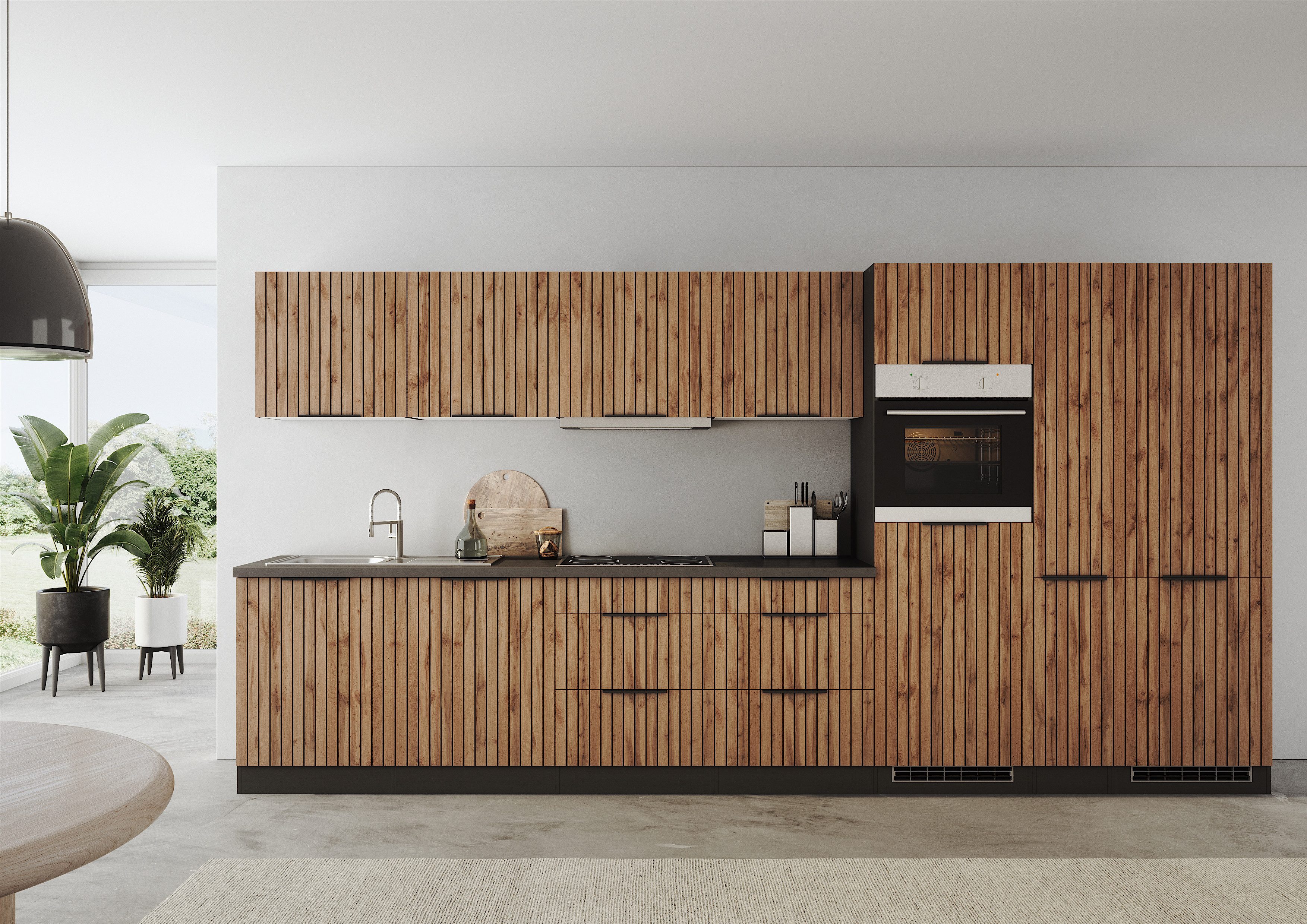 KOCHSTATION Küchenzeile KS-Lagos, Breite 390 cm, wahlweise mit E-Geräten, GK-oder Induktionskochfeld, Spüle edelstahl oder schwarz