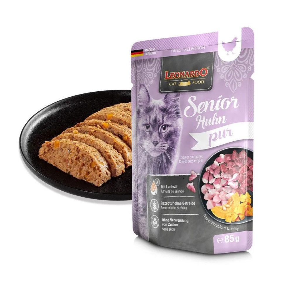 Leonardo Catfood Senior Huhn Pur - getreidefreies Nassfutter für ältere Katzen 16x85g, Nassfutter für: Katzen