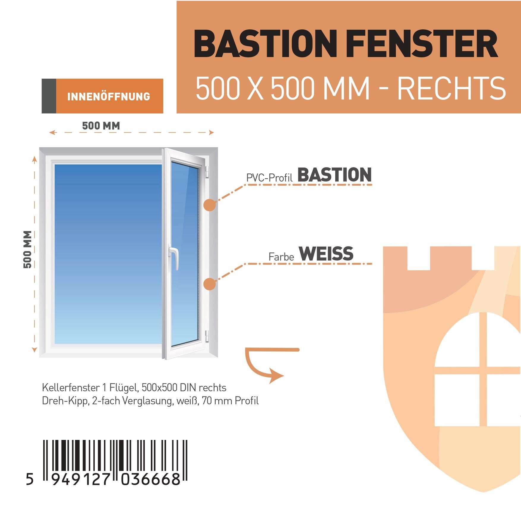 SN DECO GROUP Kellerfenster 1 Flügel 500x500, 2-fach Verglasung, weiß, 70 mm Profil, (Set), RC2 Sicherheitsbeschlag, Hochwertiges 5-Kammer-Profil