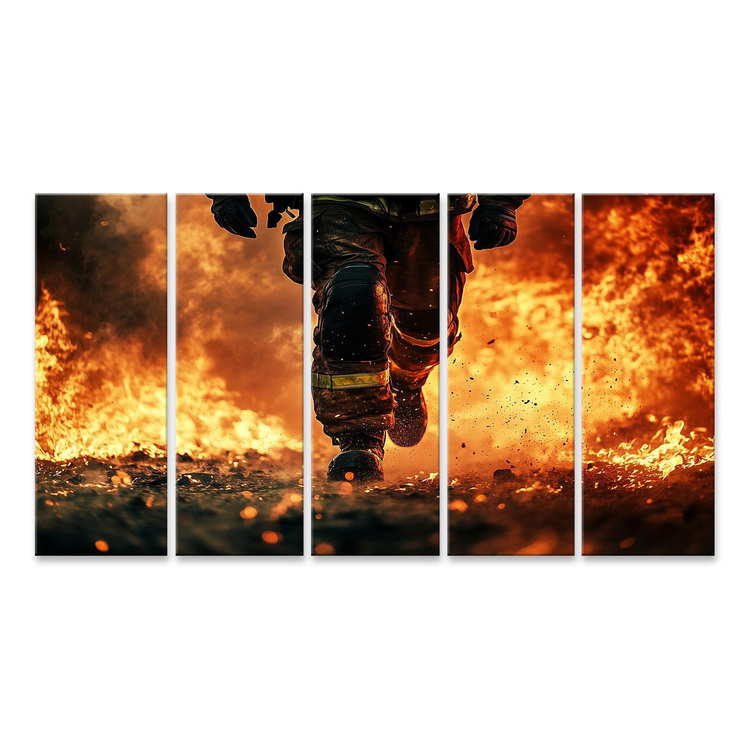 Leinwandbild Feuerwehrmann im Einsatz gegen massive Flammen