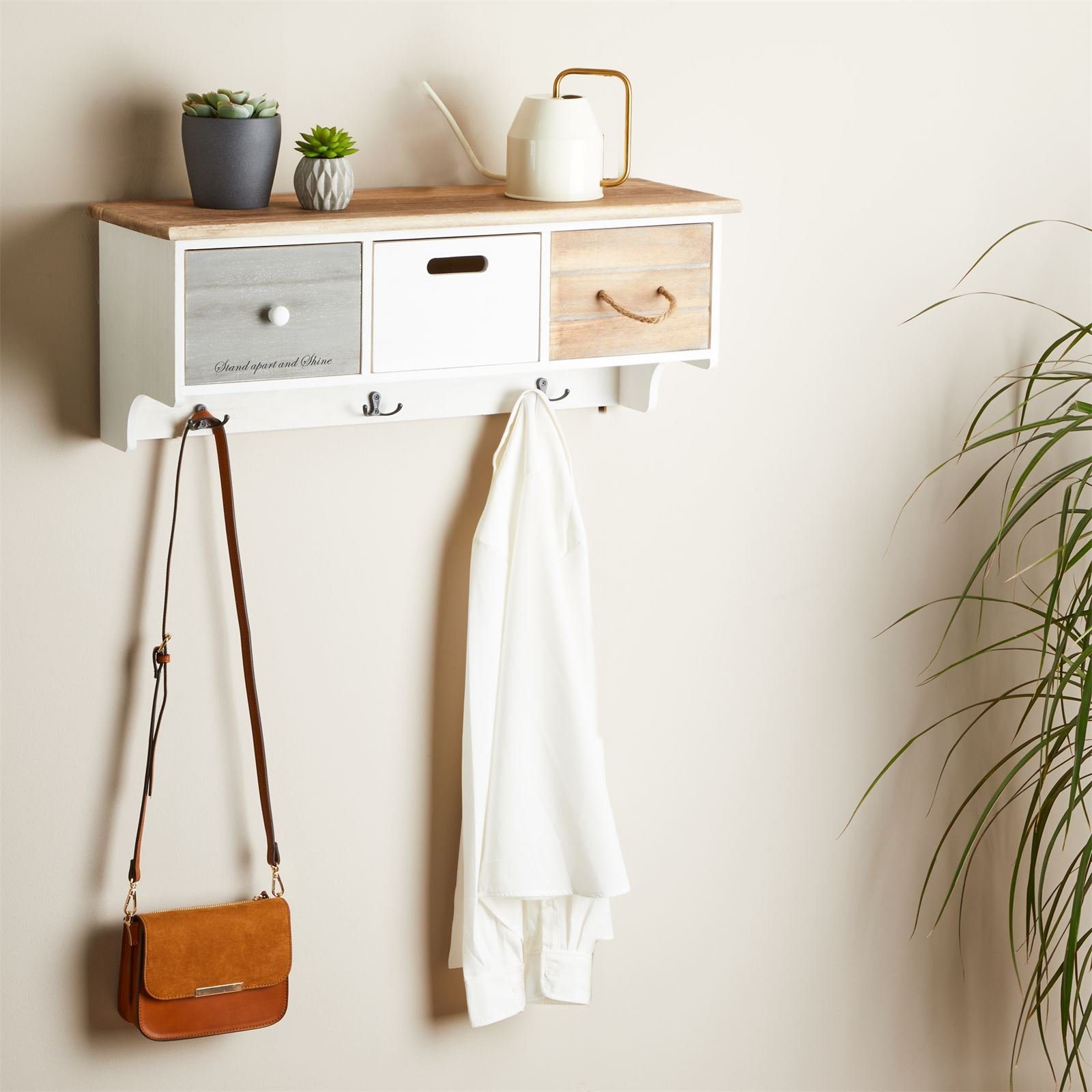 CARO-Möbel Garderobenhalter SALVA, Wandgarderobe mit 3 Kleiderhaken und Schubkästen Vintage Shabby Chic