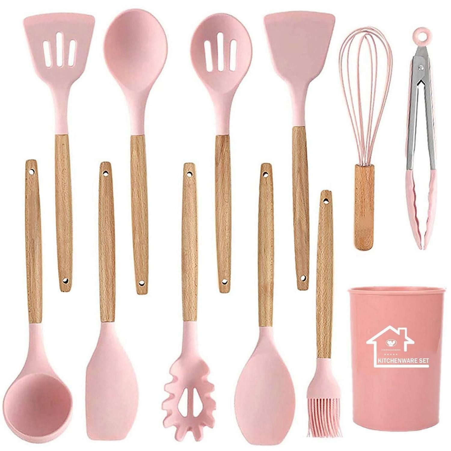 LuxusKollektion Pfannenwender Küchenutensilien-Set 12tlg Holzgriffe Rosa