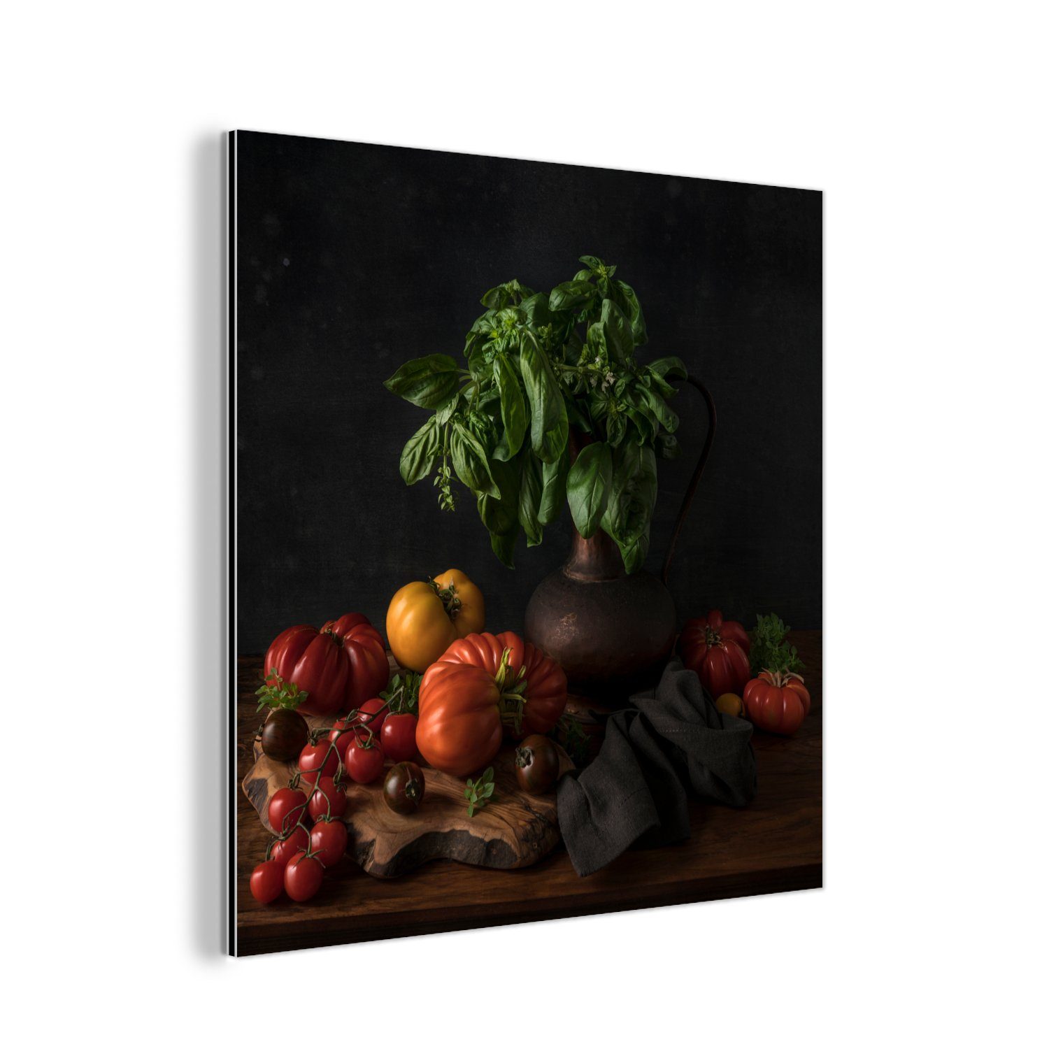 MuchoWow Metallbild Stilleben - Tomaten - Basilikum - Gemälde - Gemüse - Schwarz, (1 St), Alu-Dibond-Druck, Gemälde aus Metall, Aluminium deko