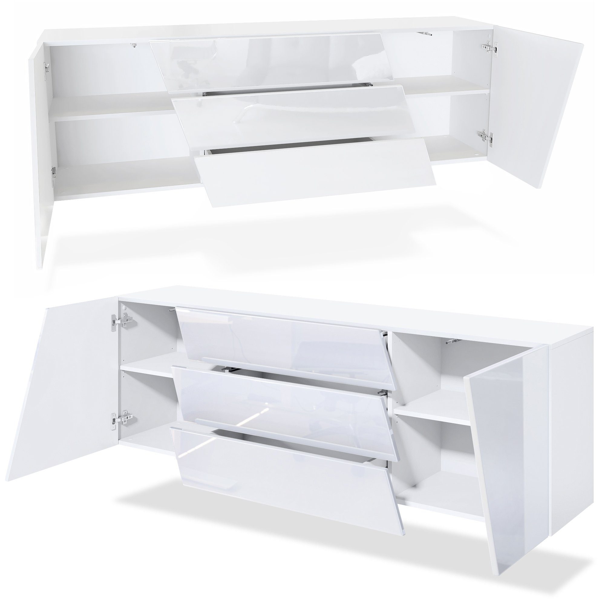 Vladon Sideboard Houston (hängende Kommode, mit 2 Türen und 3 Schubladen), Weiß matt/Weiß Hochglanz (178 x 57,5 x 38,5 cm)