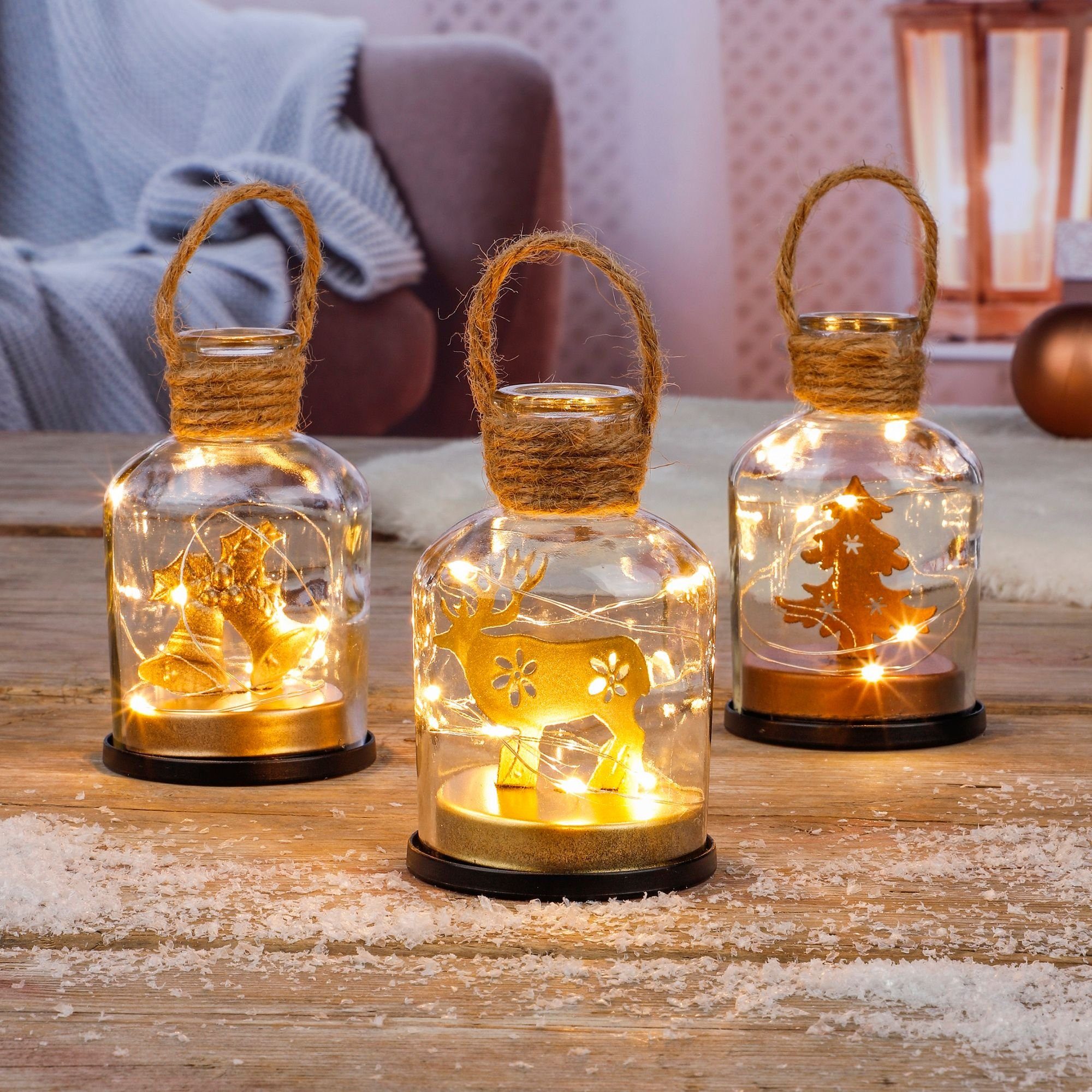 GartenHero Weihnachtsszene 3x Weihnachtslichter Glas LED Weihnachtsbeleuchtung Weihnachtsdeko Fenster Deko