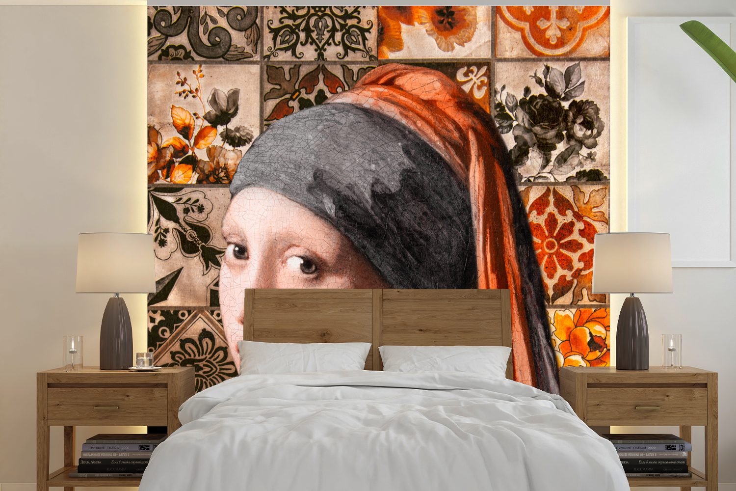 Wohnzimmer Perlenohrring Vinyl Orange Matt, Fototapete dem Schlafzimmer, - - oder Tapete Wandtapete Das Mädchen (5 St), Schwarz, bedruckt, - MuchoWow Kacheln mit für