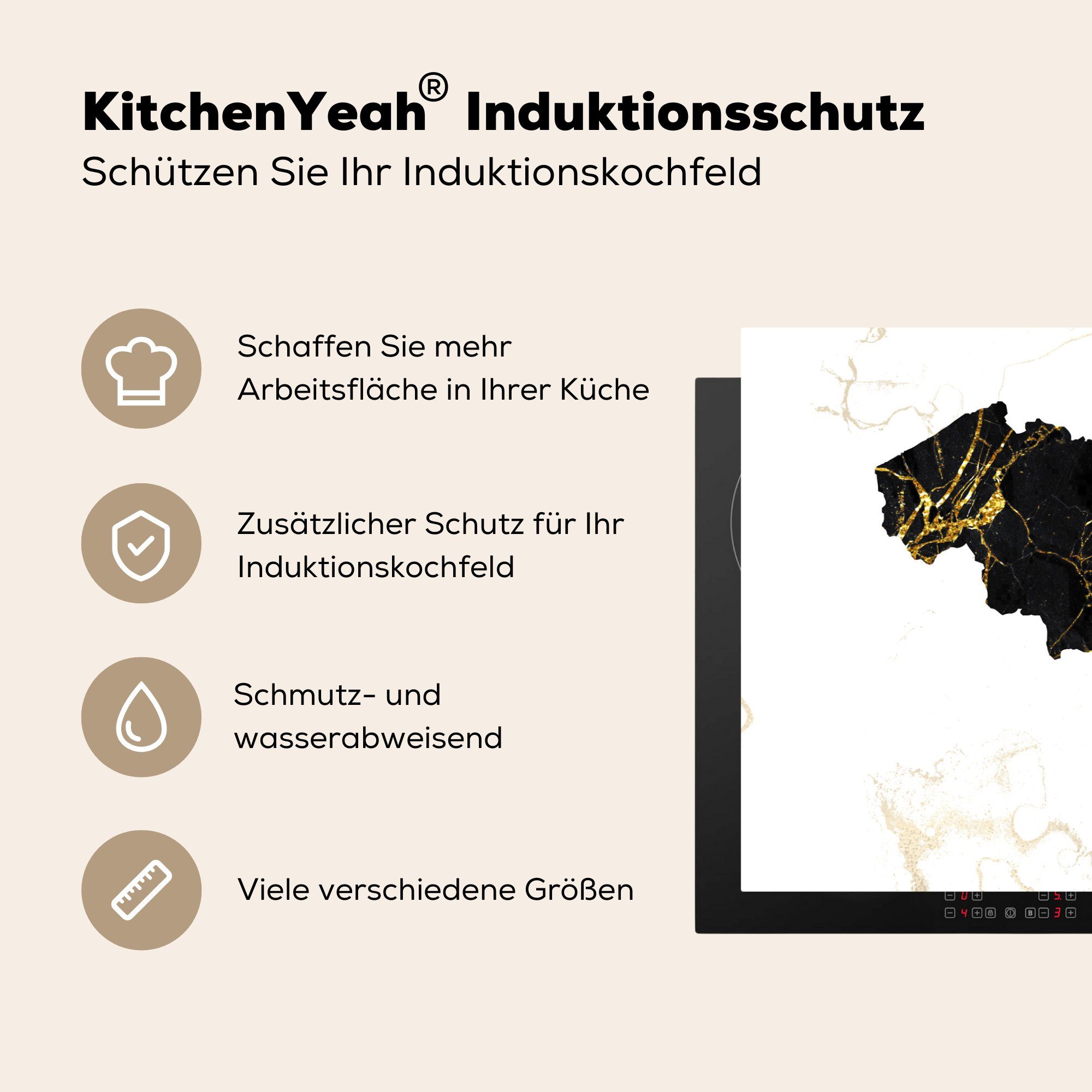 - (1 küche, Herdblende-/Abdeckplatte MuchoWow - 81x52 die Ceranfeldabdeckung Karte für tlg), Vinyl, Belgien cm, Marmor, Schutz Induktionskochfeld