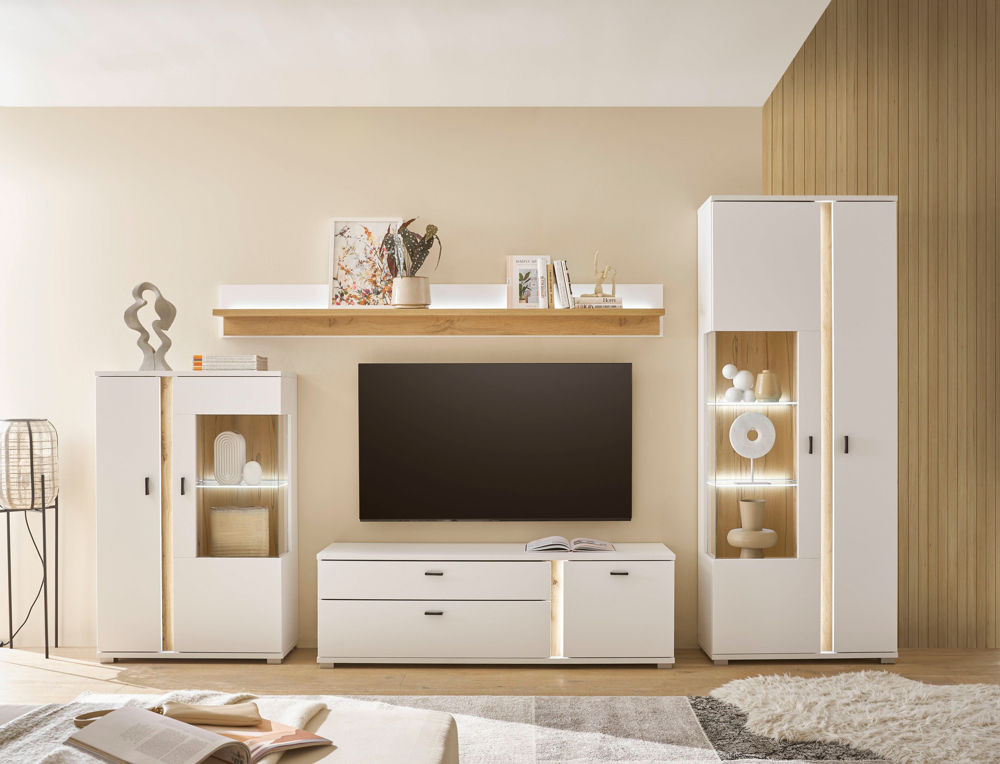 Home affaire Wohnwand LONG ISLAND, (Set, 4-St), in moderner Trendfarbe,inklusive senkrechter Beleuchtung,Breite 330 cm