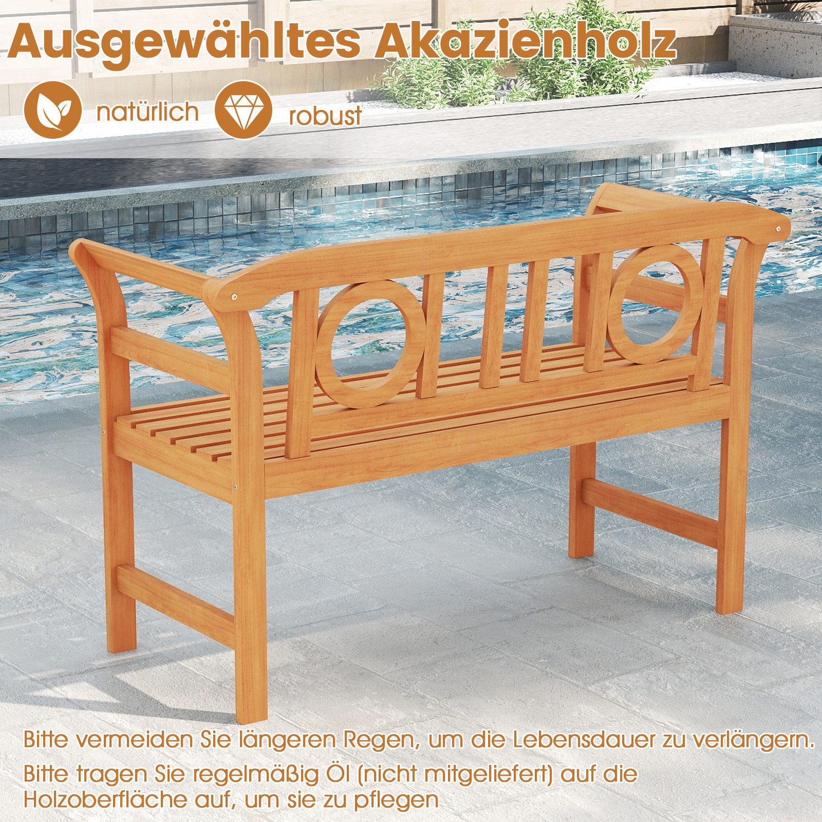 COSTWAY Gartenbank, Akazienholz 2-Sitzer wetterfest Sitzbank mit Armlehnen 100cm