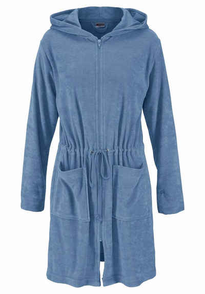 Damenbademantel »Nela«, my home, mit Kapuze & praktischem Reißverschluss, einfarbig, kurz, taillierter Bademantel mit Kordelzug und Taschen