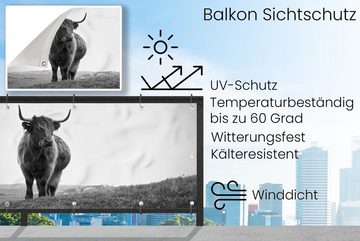 MuchoWow Balkonsichtschutz Tiere - Schottische Hochlandbewohner - Schwarz und weiß - Natur - (1-St) Balkonbanner, Sichtschutz für den Balkon, Robustes und wetterfest