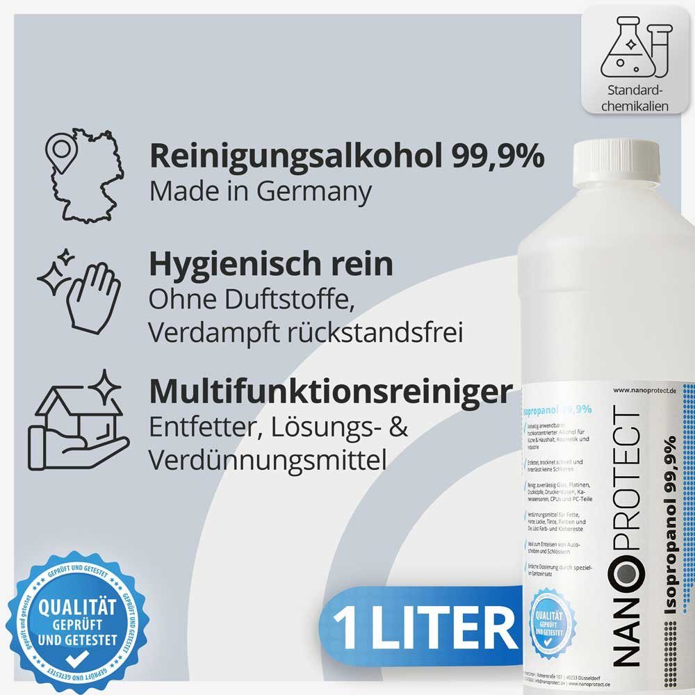 Nanoprotect Isopropanol 99,9% - 1 Liter Reinigungsalkohol (Premium IPA - Made in Germany - Für Haushalt und Elektronik)