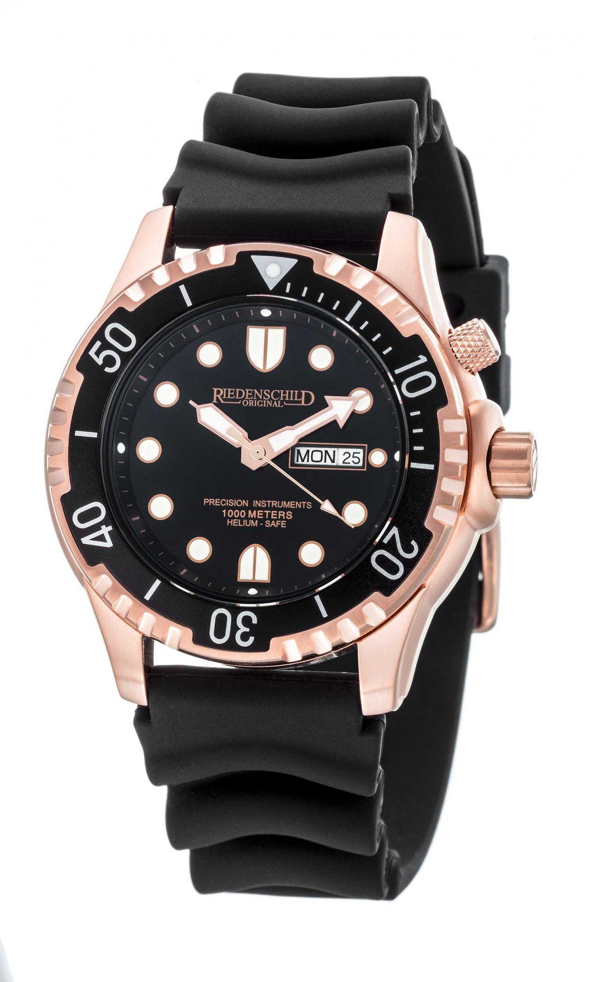 Riedenschild Taucheruhr RS8000-04, IP-Roségold, 100 ATM Wasserdicht, 46 mm, Silikon- &, Edelstahlband, Heliumventil, Robuste Armbanduhr für Tauchen und Sport