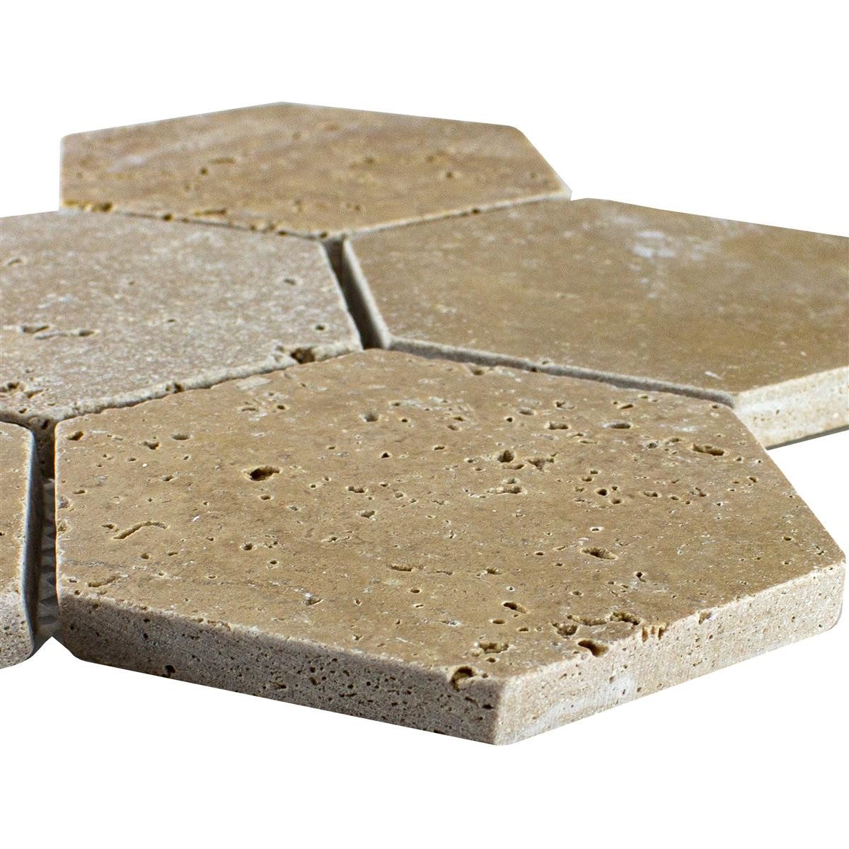 Mosafil Mosaikfliesen Travertin Naturstein Mosaikfliesen Mercado Sechseck, Naturstein-Travertin 26.200x19.900, braun-noce, Verlegefertig auf ein Netz geklebt - Frostsicher - Wasserfest -