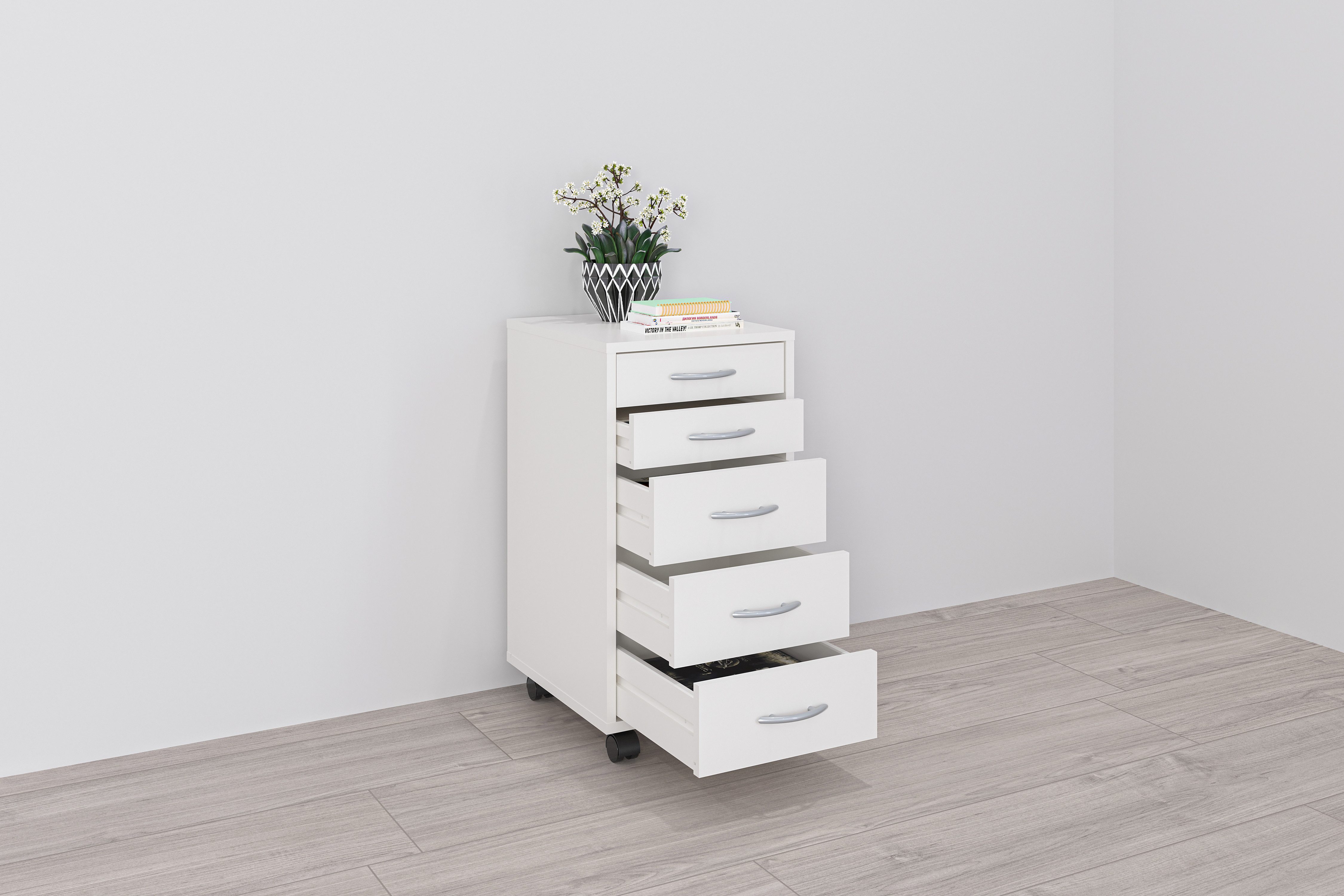 FMD Rollcontainer Freddy, Büroaufbwahrung mit 5 Schubkästen auf Rollen, 63 cm hoch