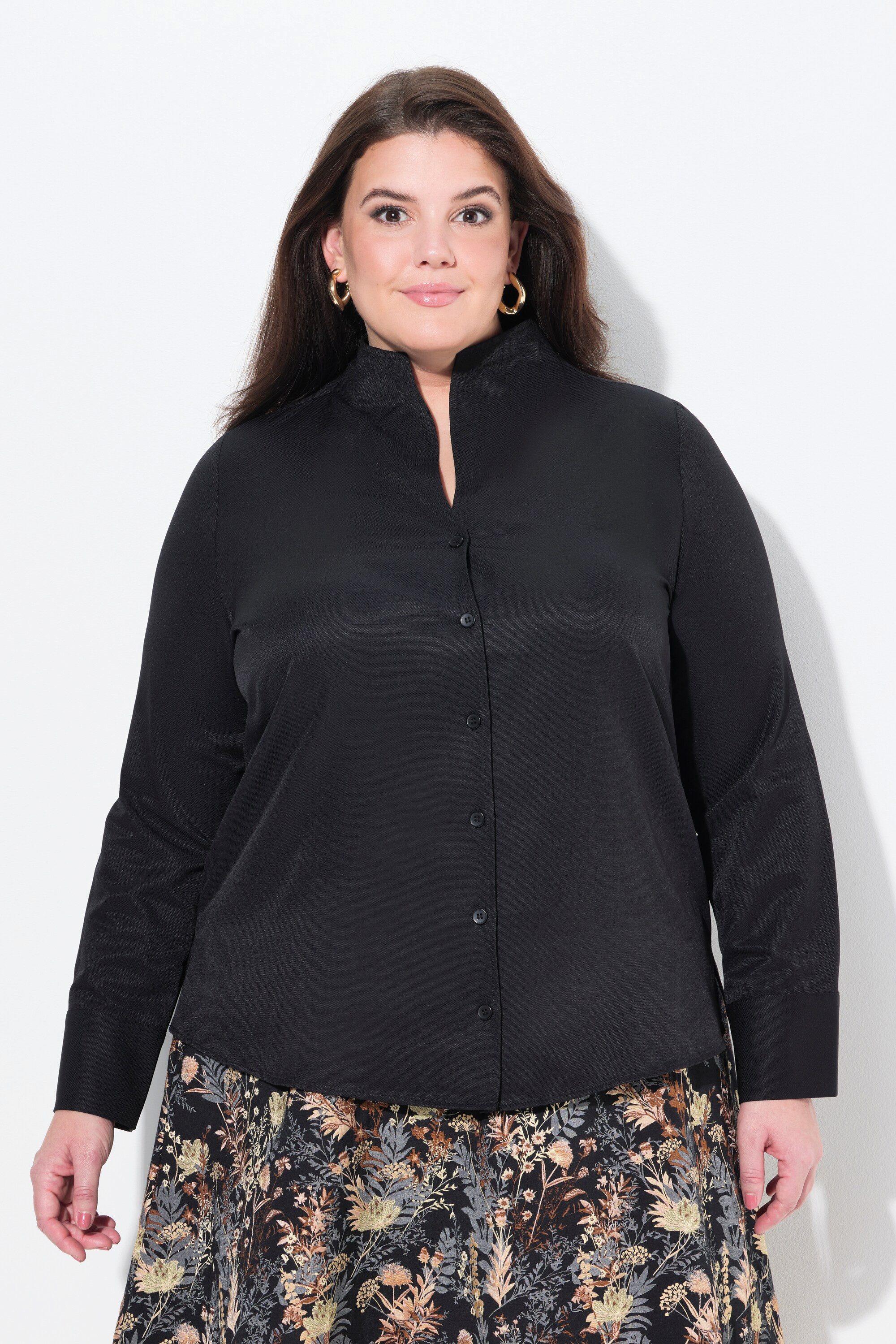 Ulla Popken Longbluse Bluse Oxford-Gewebe Kelchkragen Langarm
