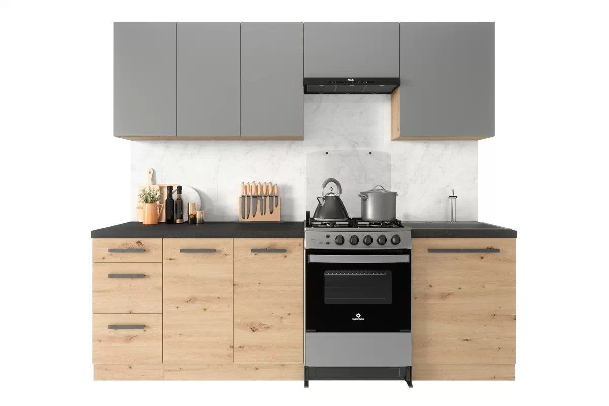 ROYAL24_MARKT Küchenzeile - Nexa K23-G180 – Grau & Woodline für stilvolle Küchen, (Komplett Set), Premium - Modern - Exzellent -Matt - Holzoptik.