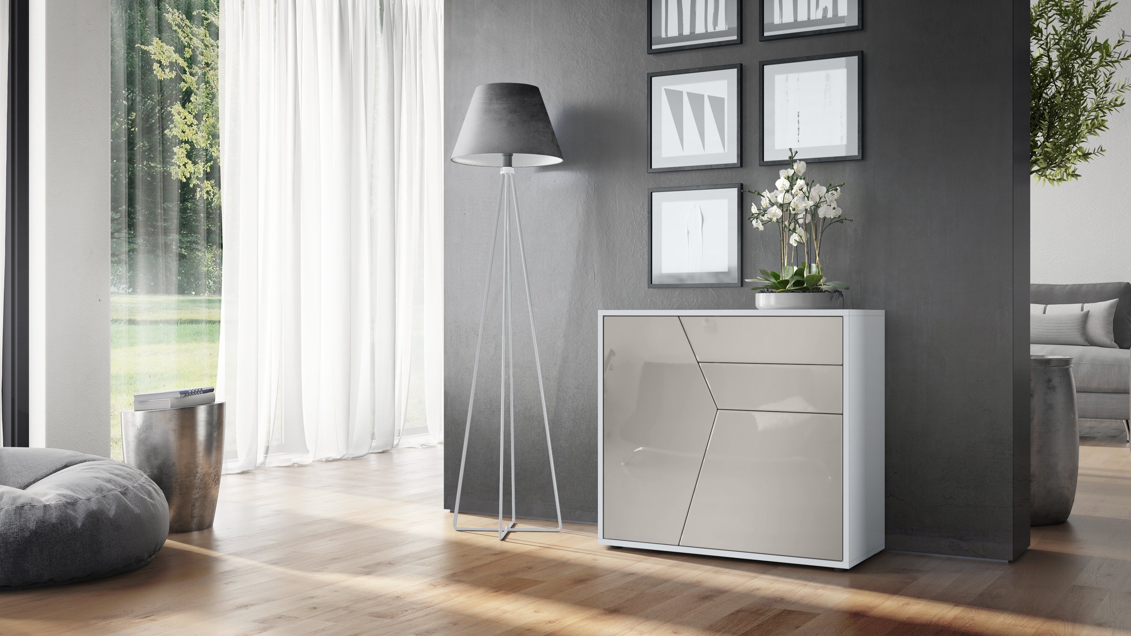 Vladon Kommode Benny (Kommode, mit 2 Türen und 2 Schubladen), Weiß matt/Sandgrau Hochglanz (79 x 74 x 36 cm)