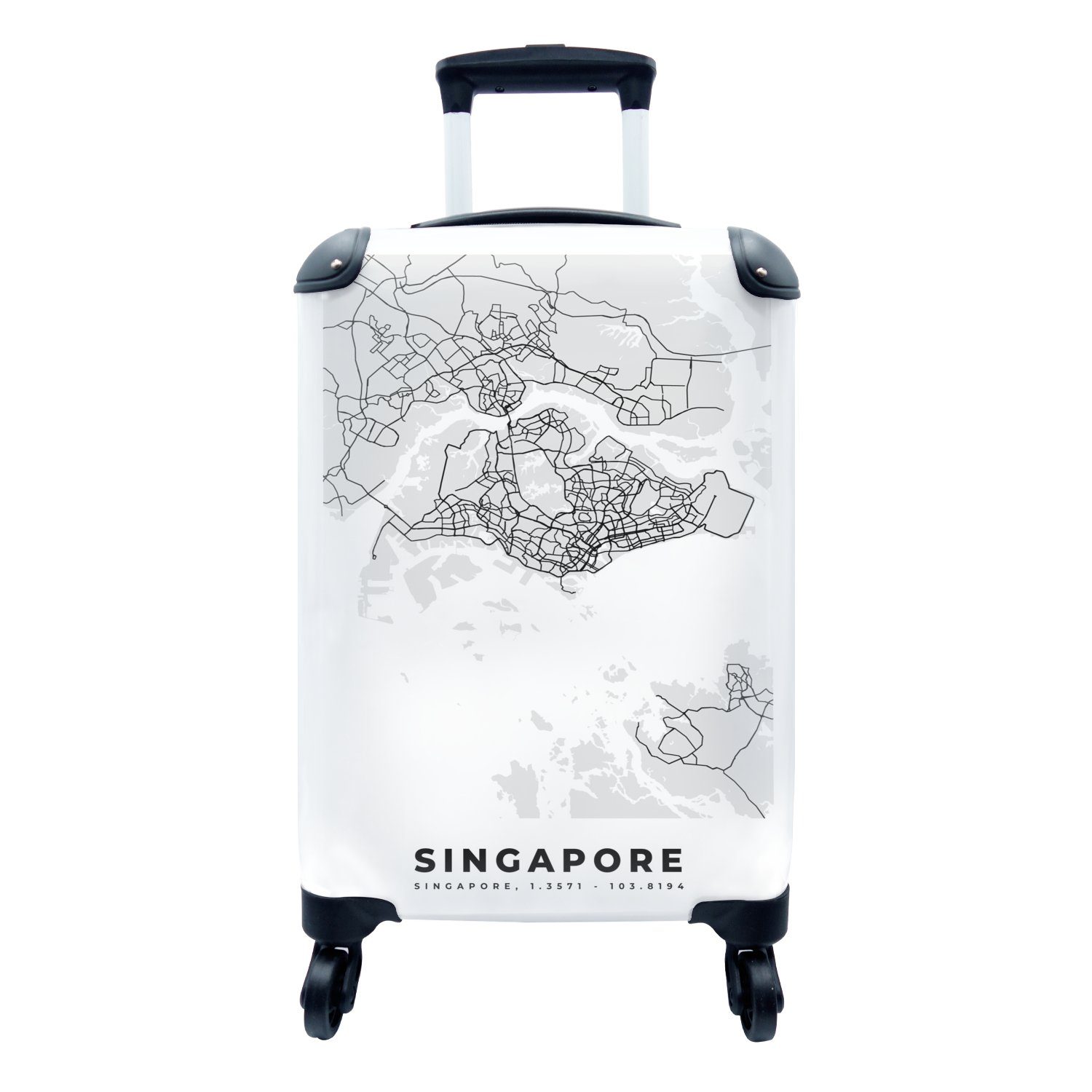 MuchoWow Handgepäckkoffer - Reisekoffer Karte Reisetasche Schwarz Trolley, für Karte, und rollen, Rollen, - 4 - mit weiß Stadtplan Handgepäck Singapur - Ferien