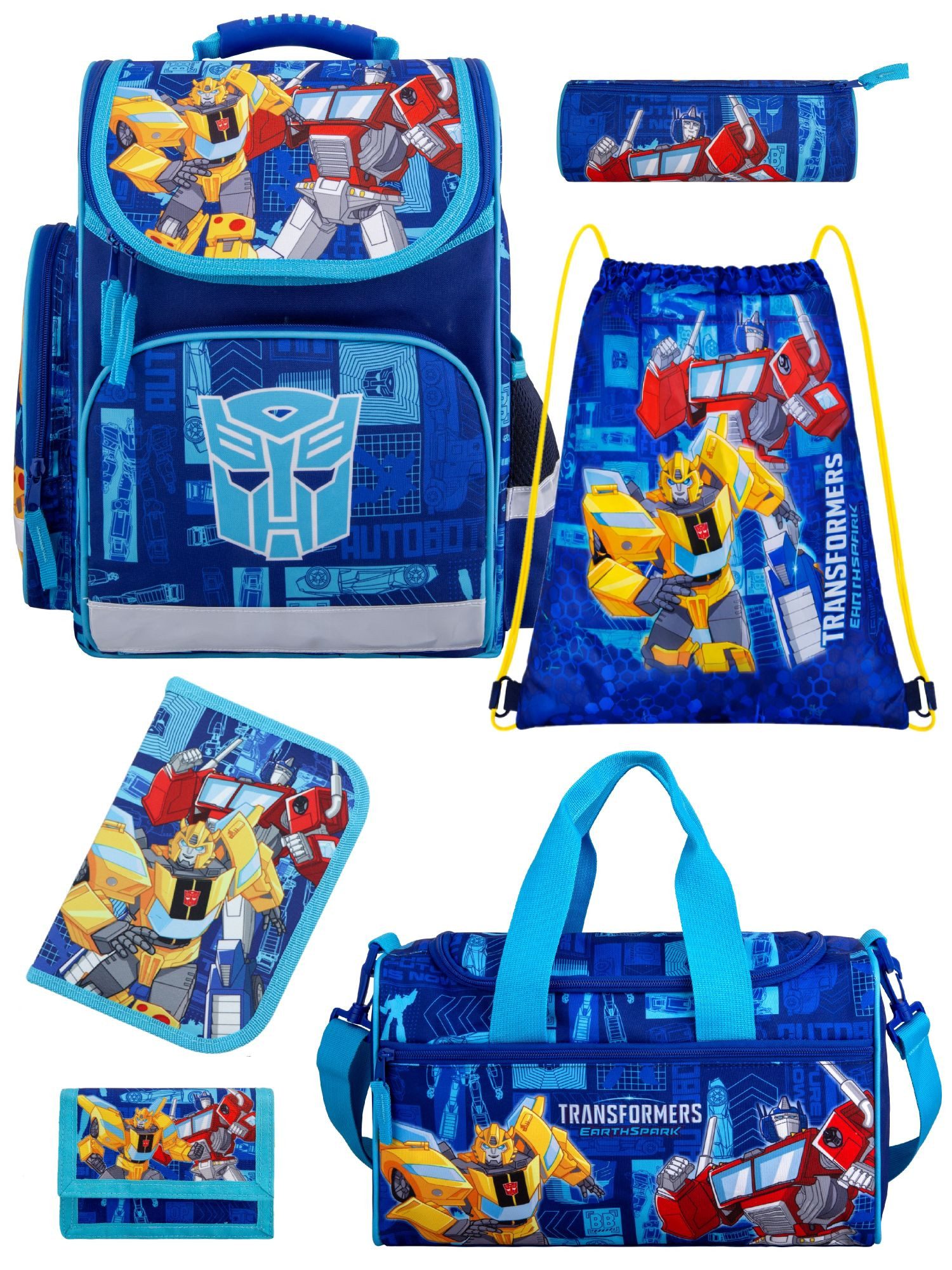 Familando Schulranzen Transformers 1.-4. Klasse ergonomisch, leicht, Volumen 15 Liter (Set, 6-tlg., inkl. Federmäppchen und Sporttasche), Transformers Bumblebee & Optimus Prime Motiv