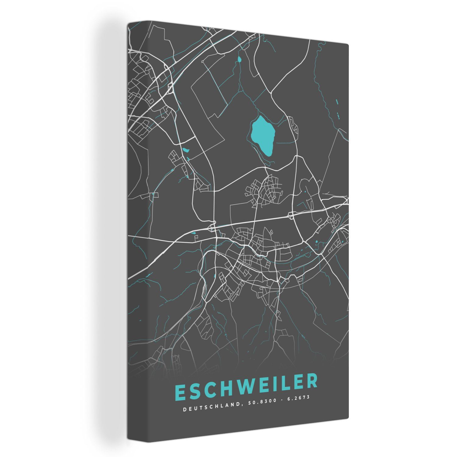 OneMillionCanvasses® Leinwandbild Stadtplan - Karte - Deutschland - Blau - Eschweiler - Karte, (1 St), Leinwandbild fertig bespannt inkl. Zackenaufhänger, Gemälde, 20x30 cm