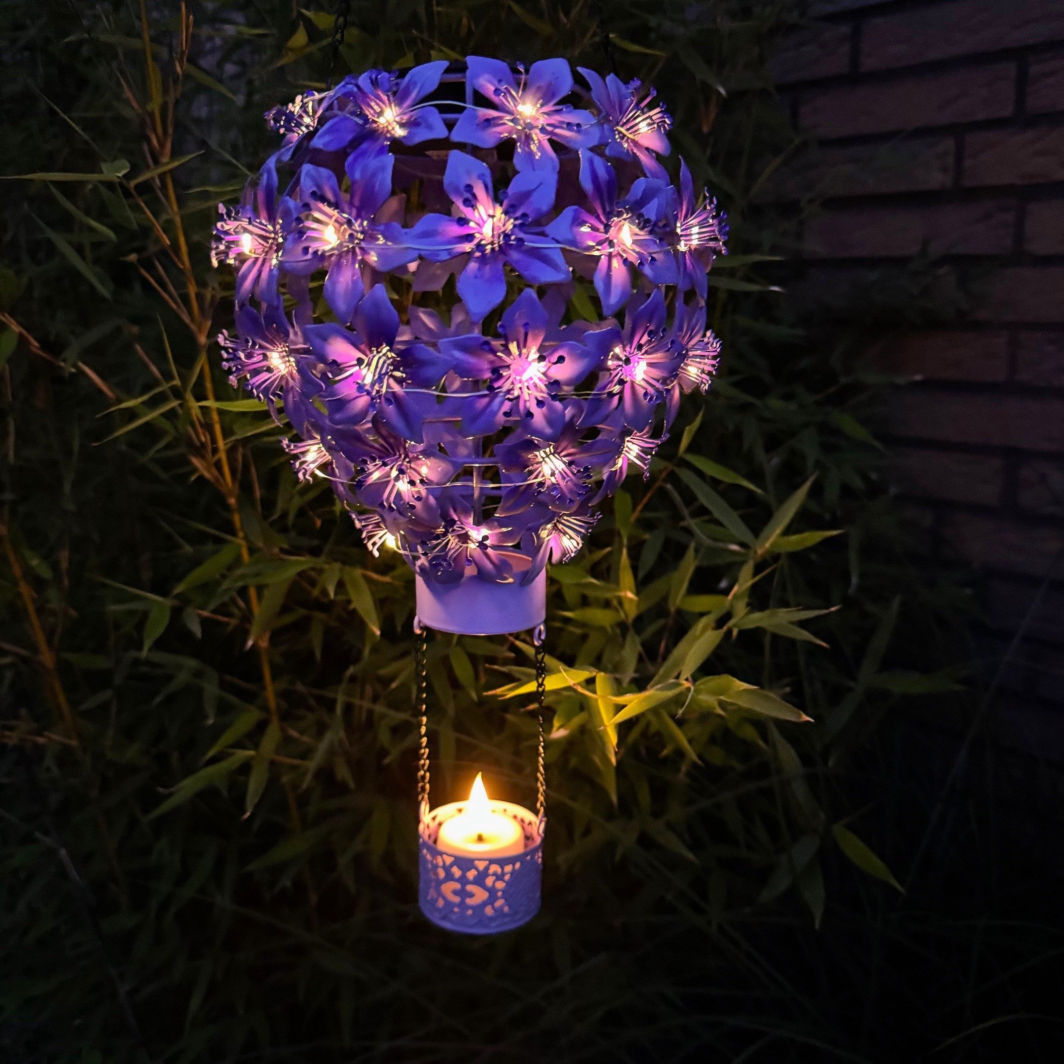 Online-Fuchs LED Gartenleuchte Solar Heißluftballon aus Metall mit Hibiskus Blüten, Gartendeko Lampen, Lichterkette mit 48 LED´s, warmweiß, ca. 60 cm groß mit Aufhängevorrichtung
