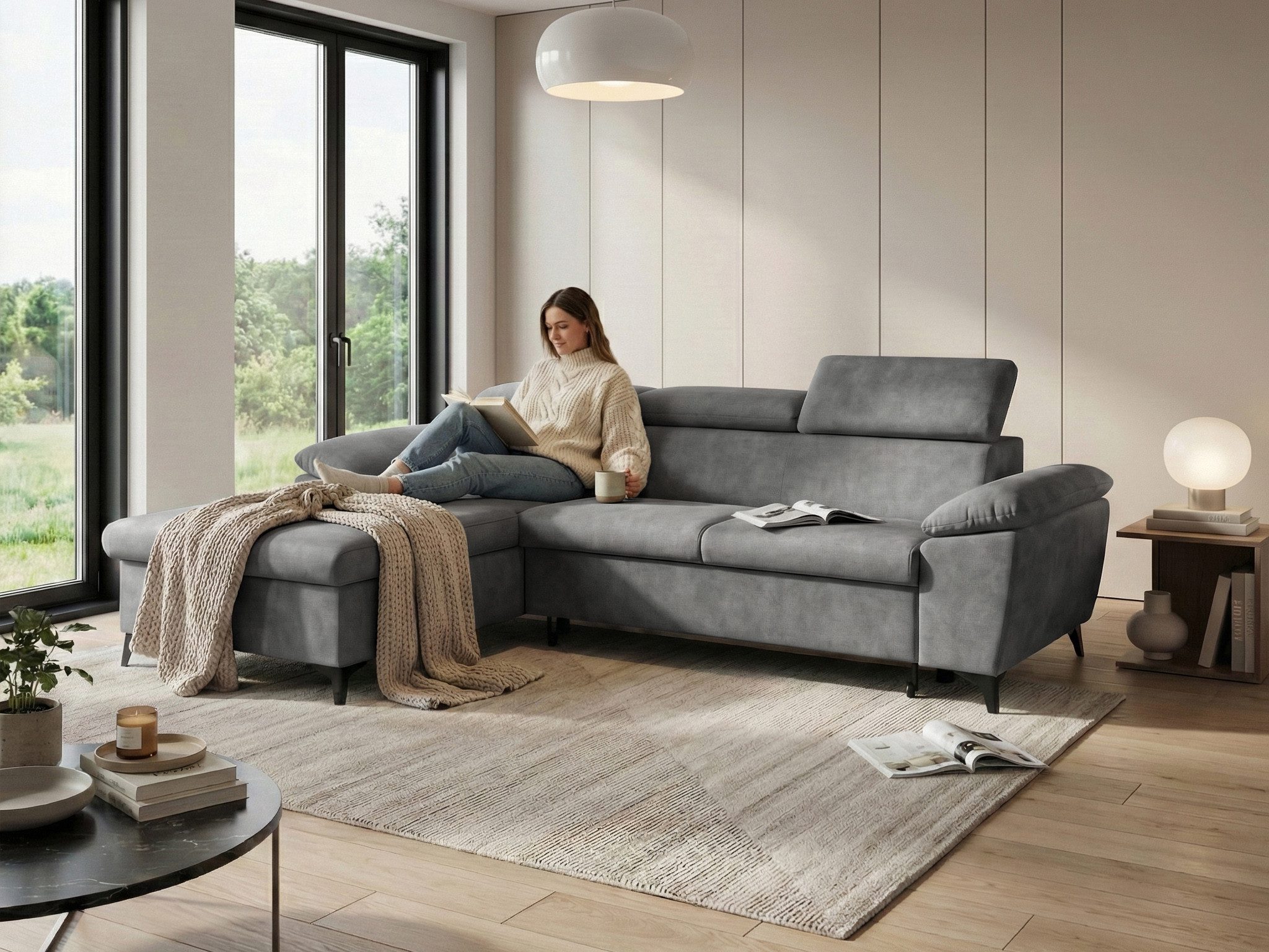 Beautysofa Ecksofa COLIN mit Schlaffunktion, Bettkasten & verstellbaren Kopfstützen, Graues Ecksofa im modernen Stil, Liegefläche: 126 x 210 cm, Eckcouch